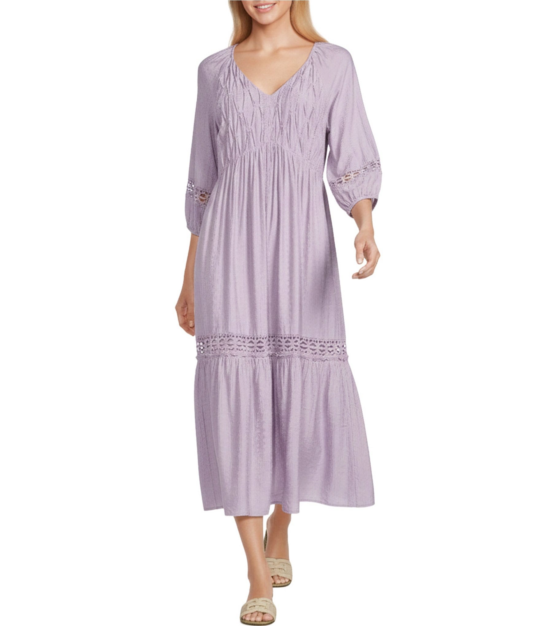 Nurture Crinkle Dobby Smocked 3/4 Sleeve V-Neck Maxi Dress
