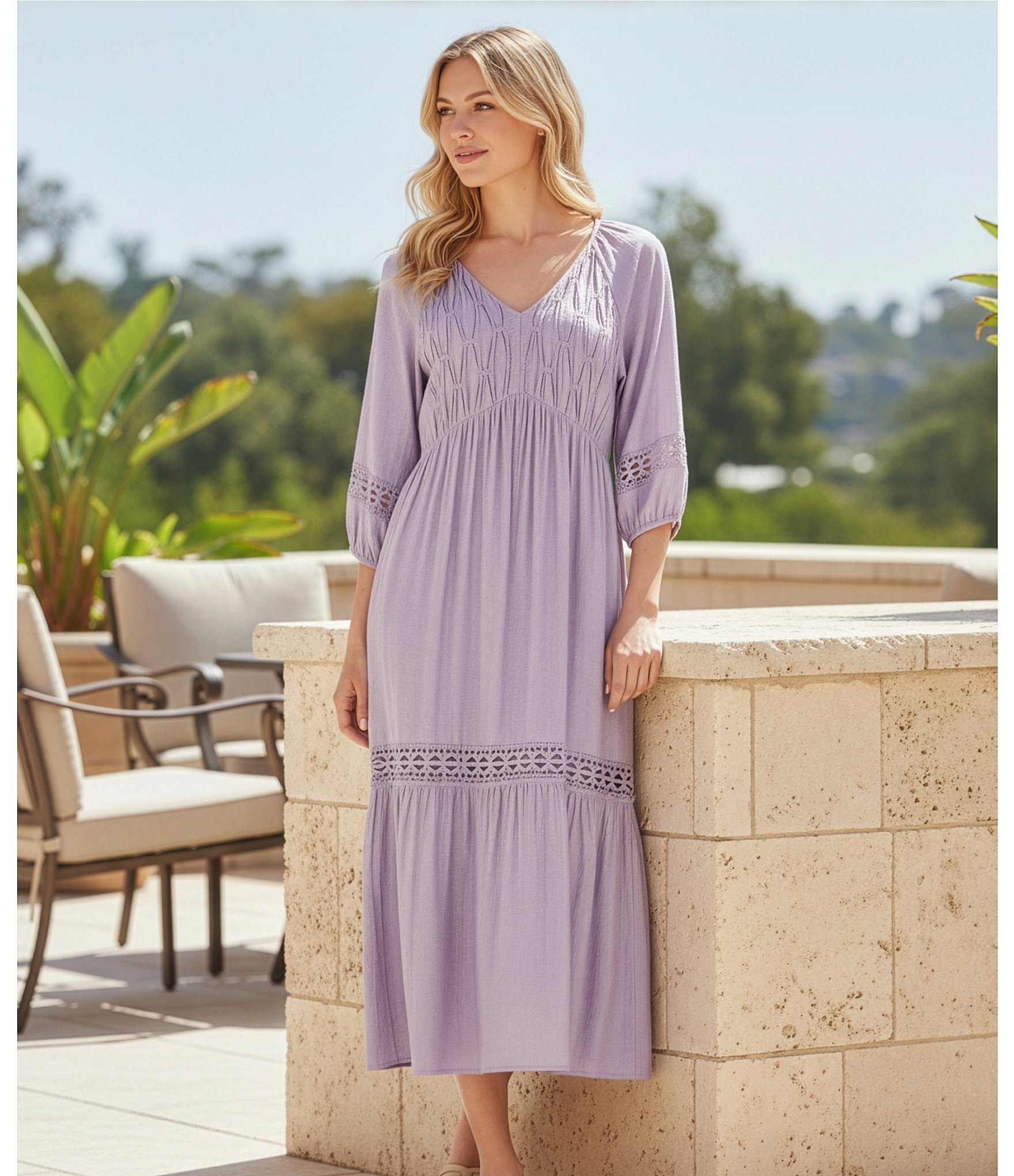 Nurture Crinkle Dobby Smocked 3/4 Sleeve V-Neck Maxi Dress