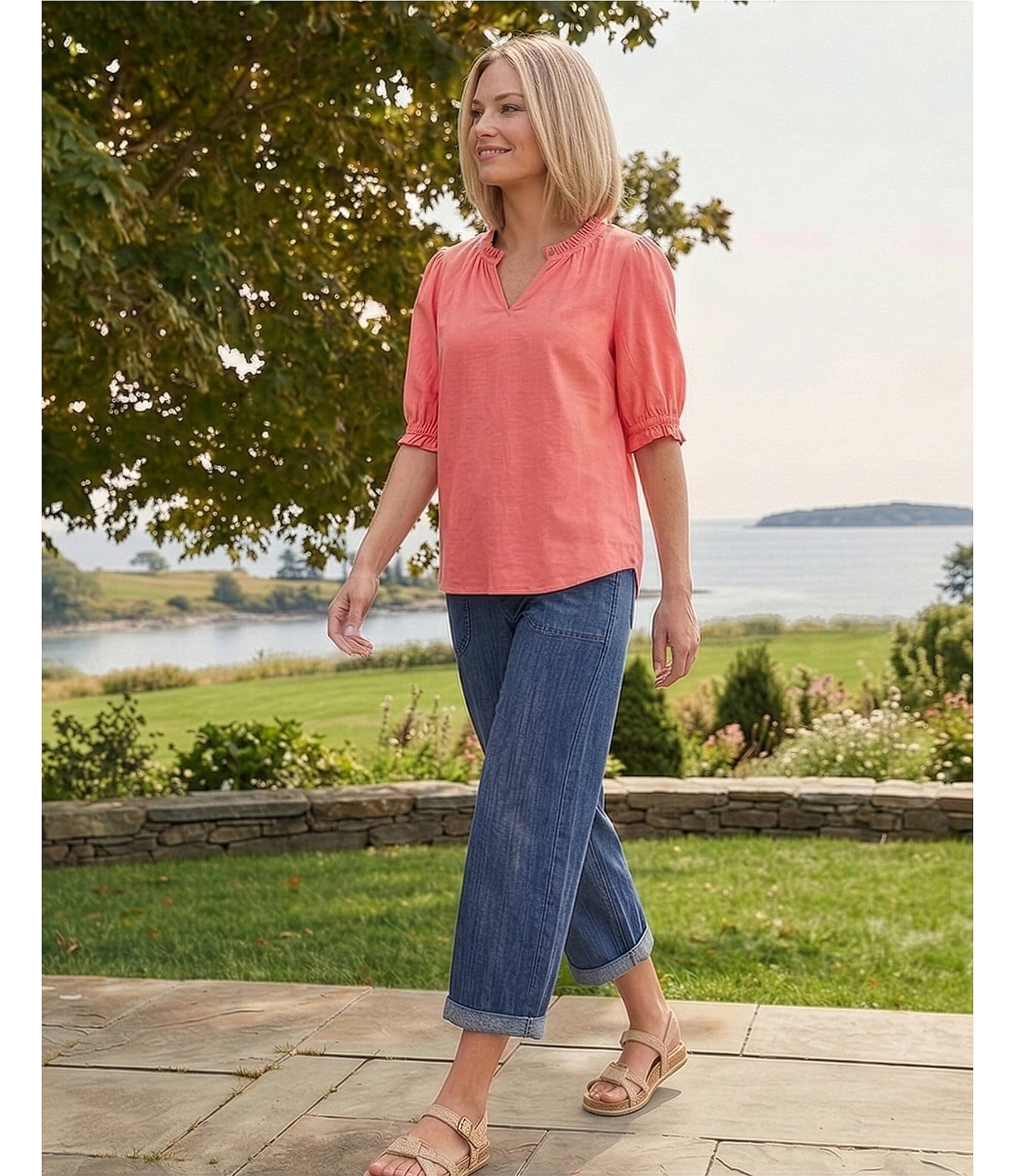Nurture Elbow Sleeve Notch Neck Top
