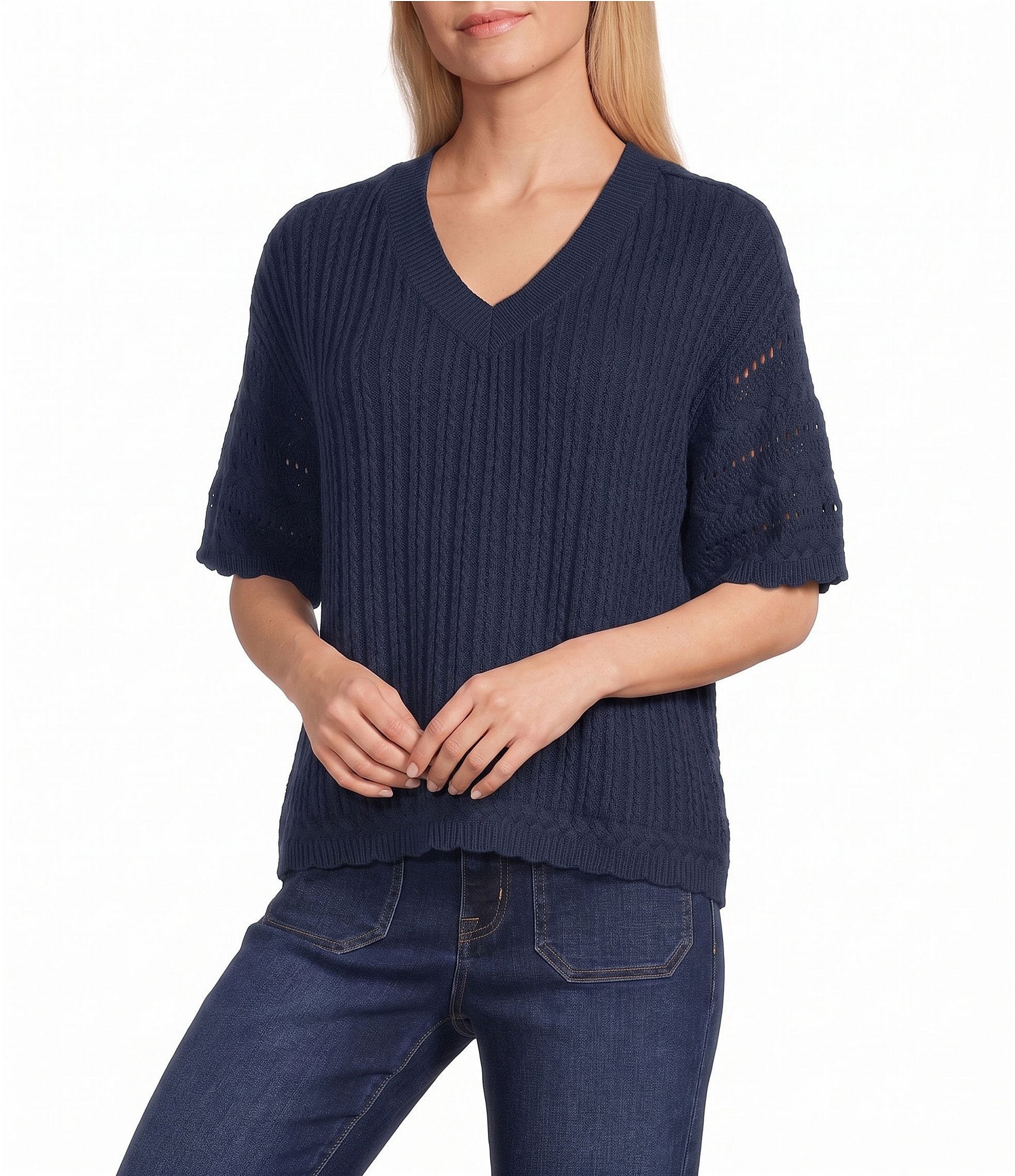 Nurture Elbow Sleeve V-Neck Sweater Top