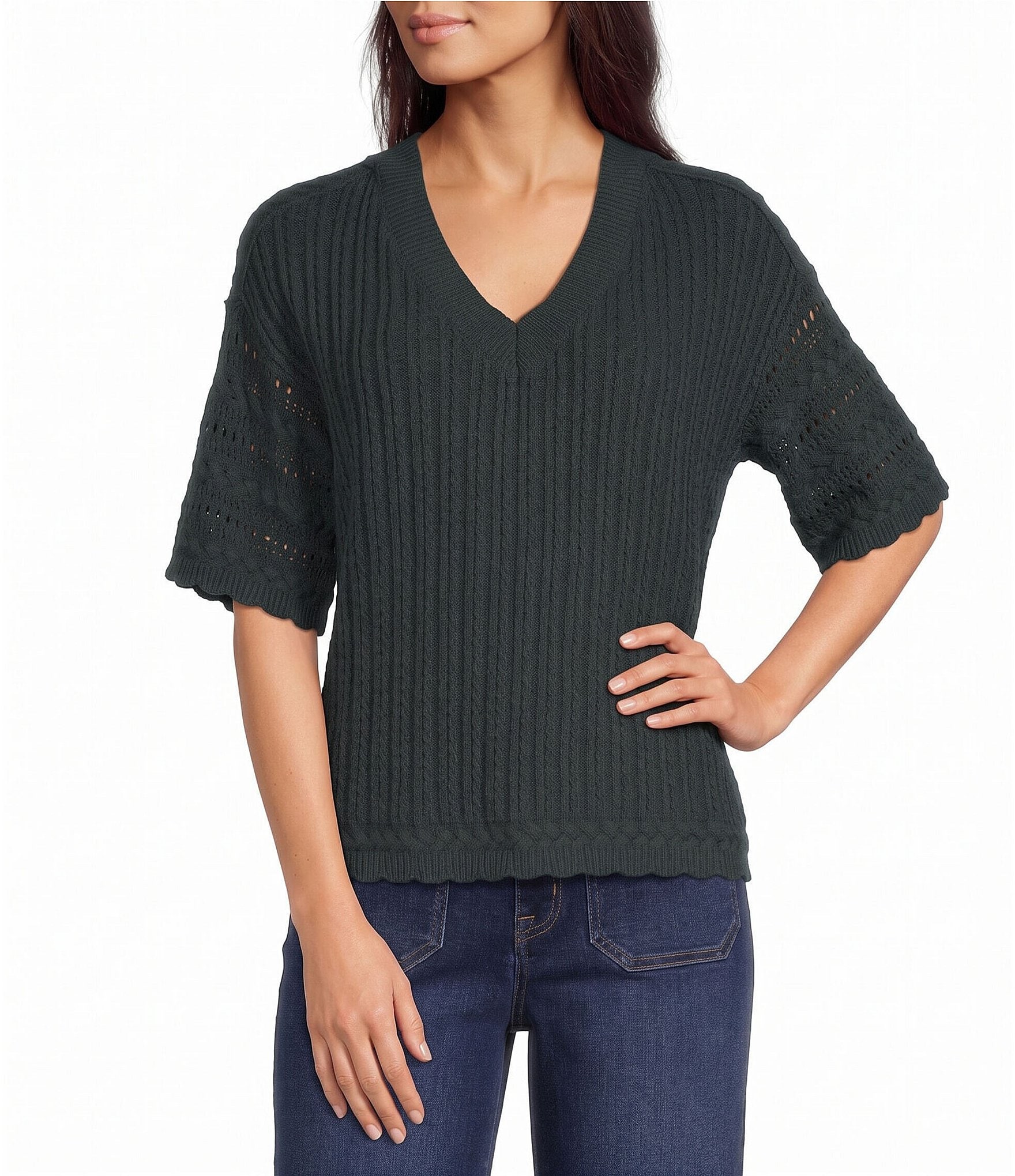 Nurture Elbow Sleeve V-Neck Sweater Top