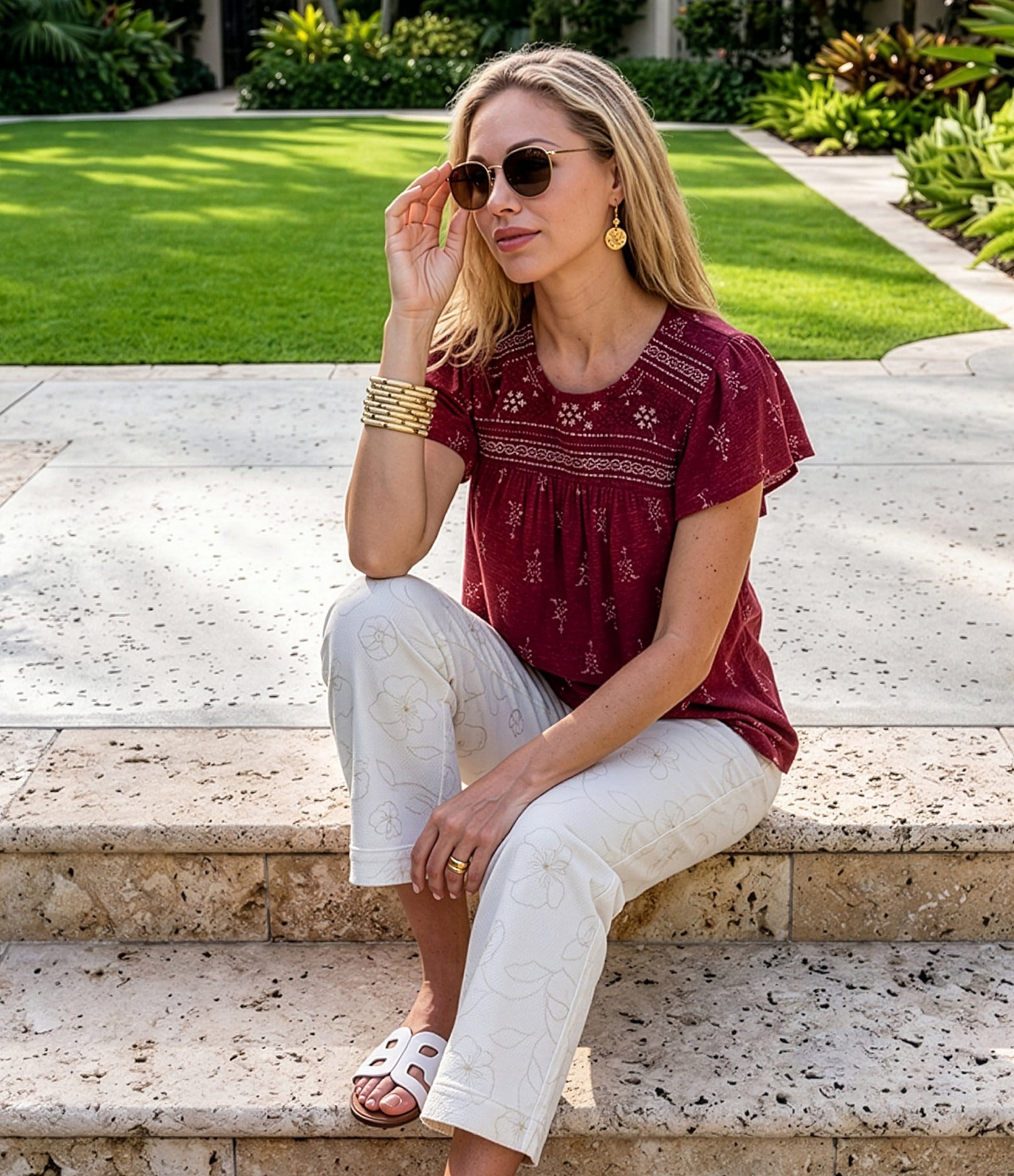 Nurture Embroidered Short Flutter Sleeve Crew Neck Knit Top