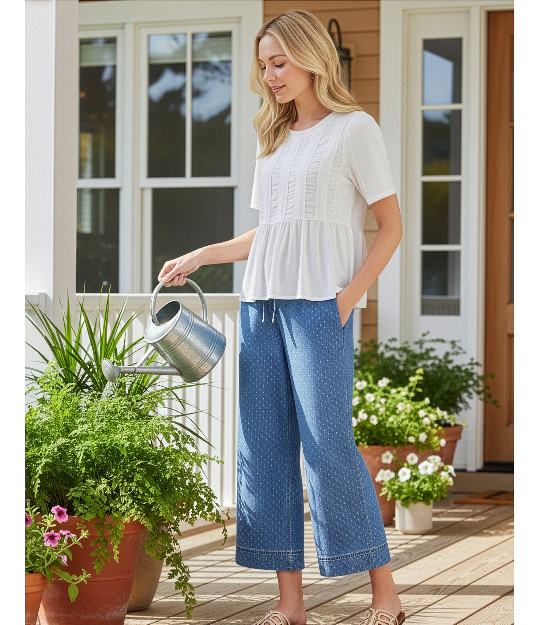 Nurture High Jacquard Dot Rise Pull On Wide Leg Crop Pants