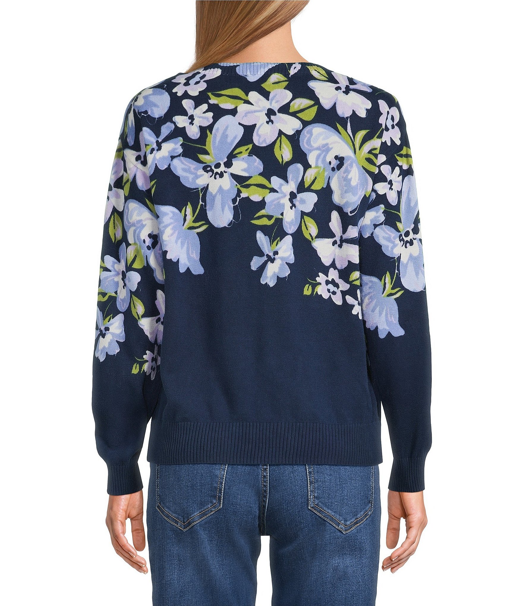 Nurture Navy Floral Printed Knit Long Sleeve V-Neck Sweater