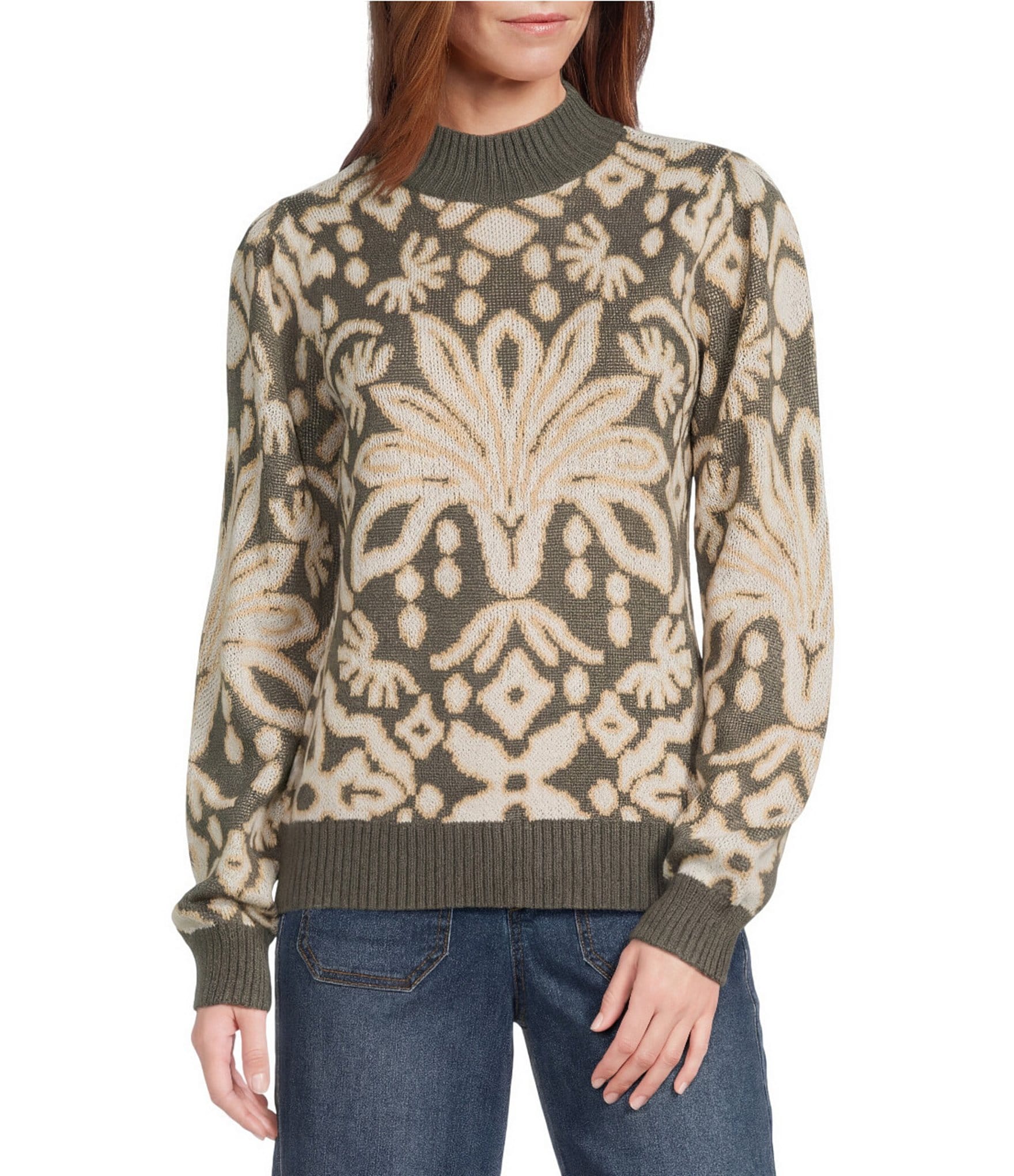 Nurture Patterned Mock Neck Long Sleeve Sweater