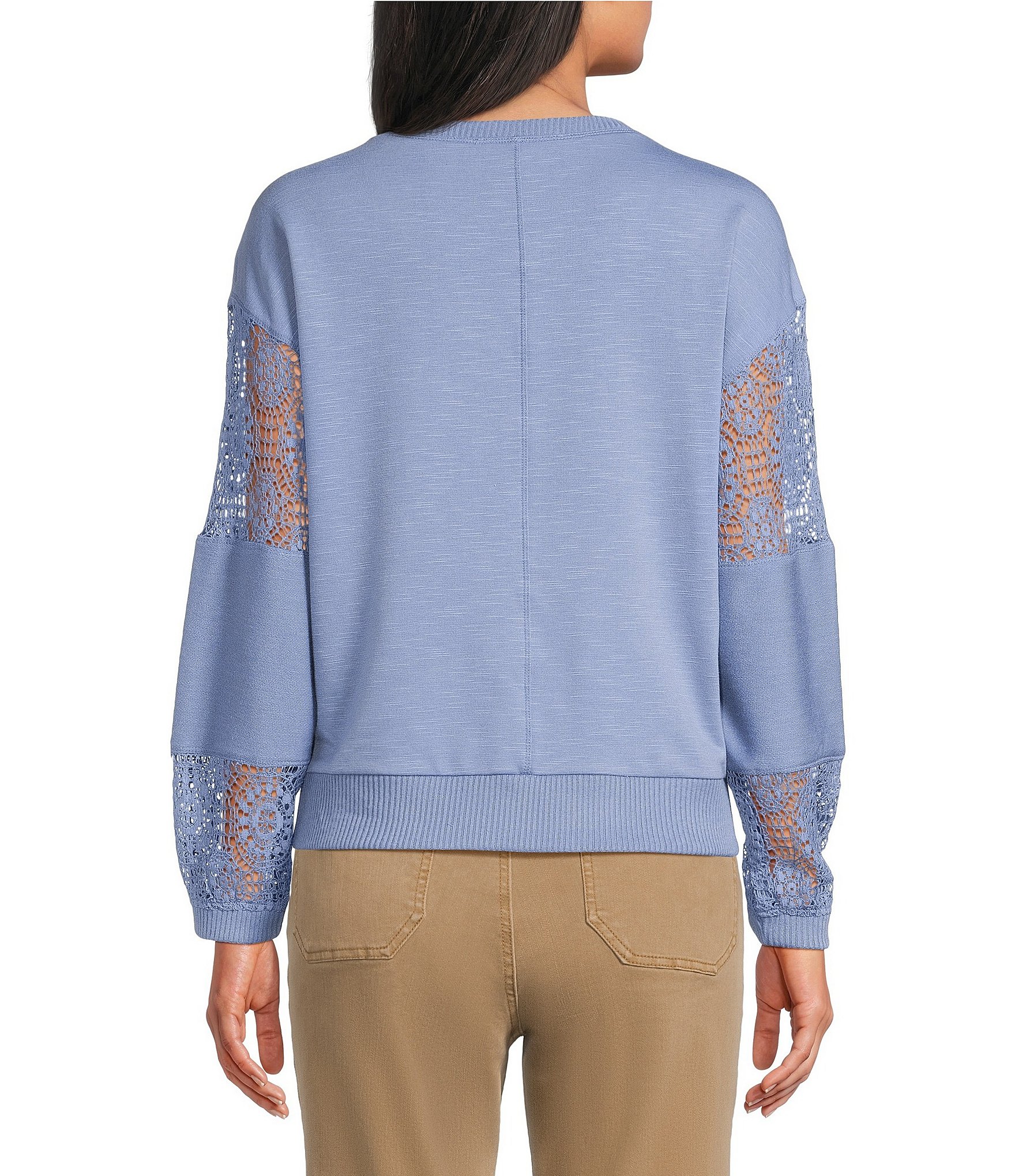 Nurture Petite French Terry Lace & Rib V-Neck Drop Shoulder Front Pocket Knit Pullover