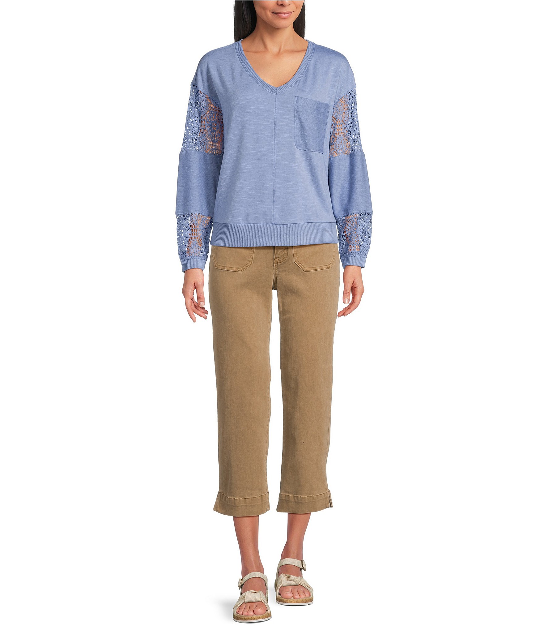 Nurture Petite French Terry Lace & Rib V-Neck Drop Shoulder Front Pocket Knit Pullover