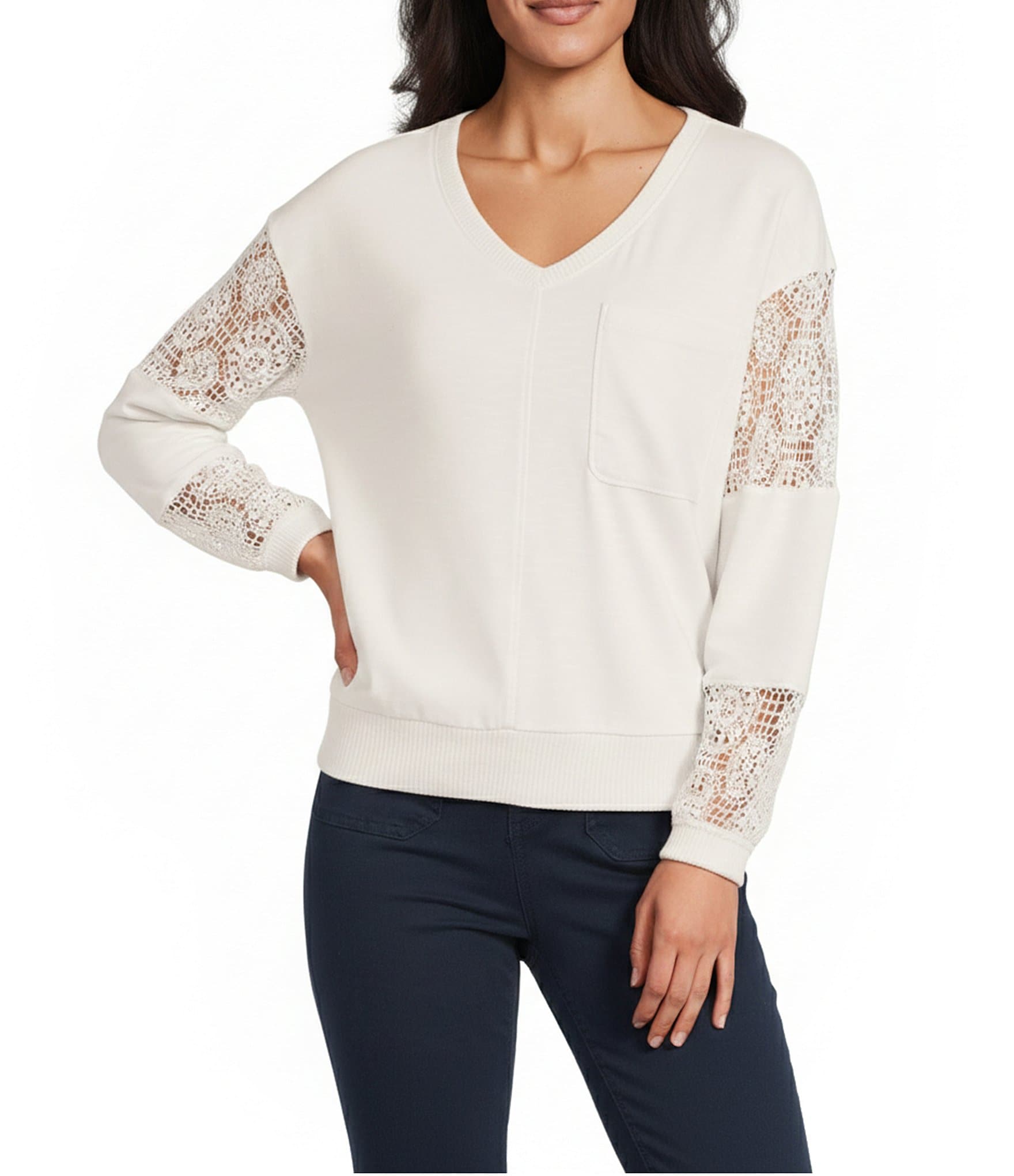 Nurture Petite French Terry Lace & Rib V-Neck Drop Shoulder Front Pocket Knit Pullover