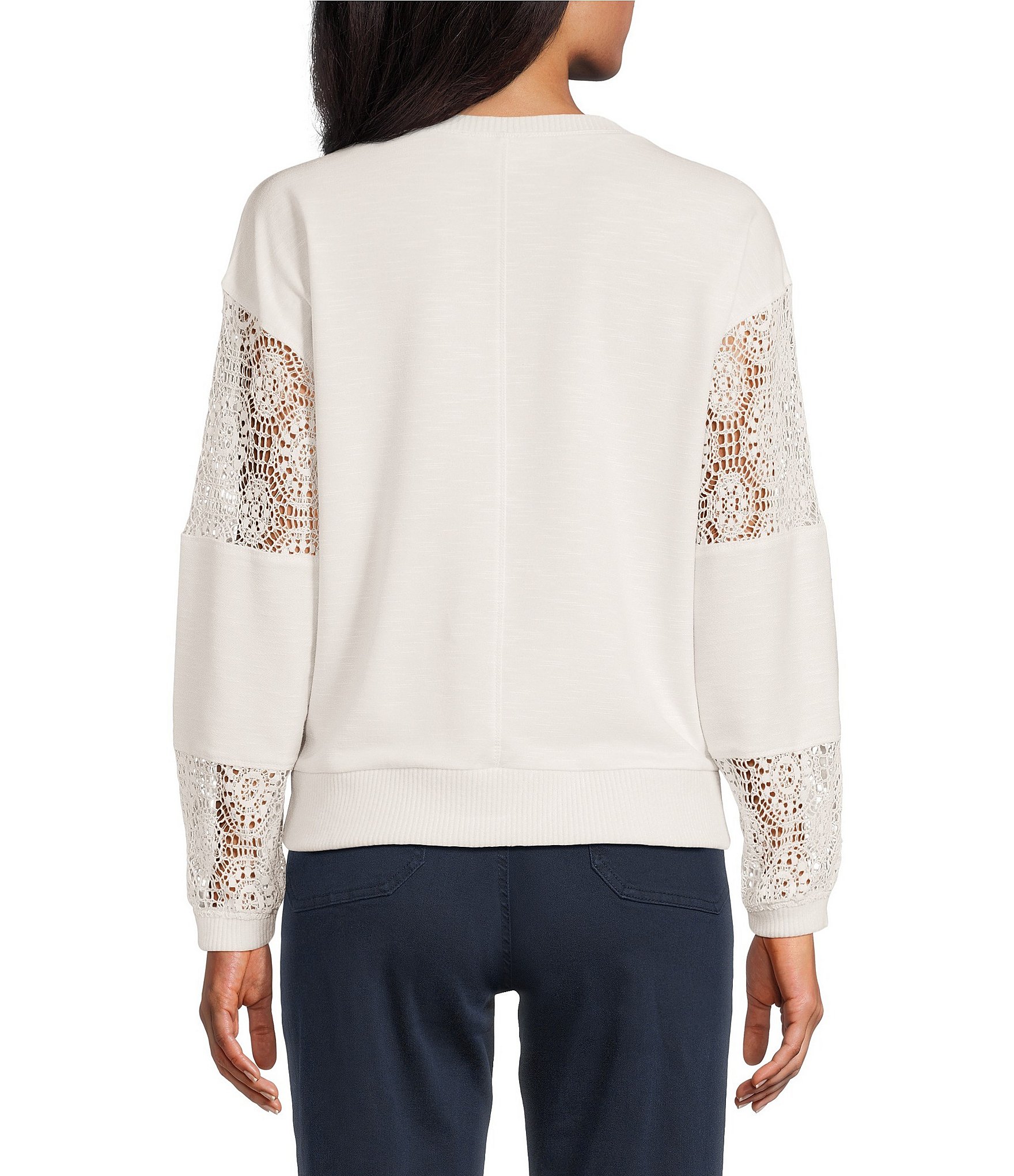 Nurture Petite French Terry Lace & Rib V-Neck Drop Shoulder Front Pocket Knit Pullover