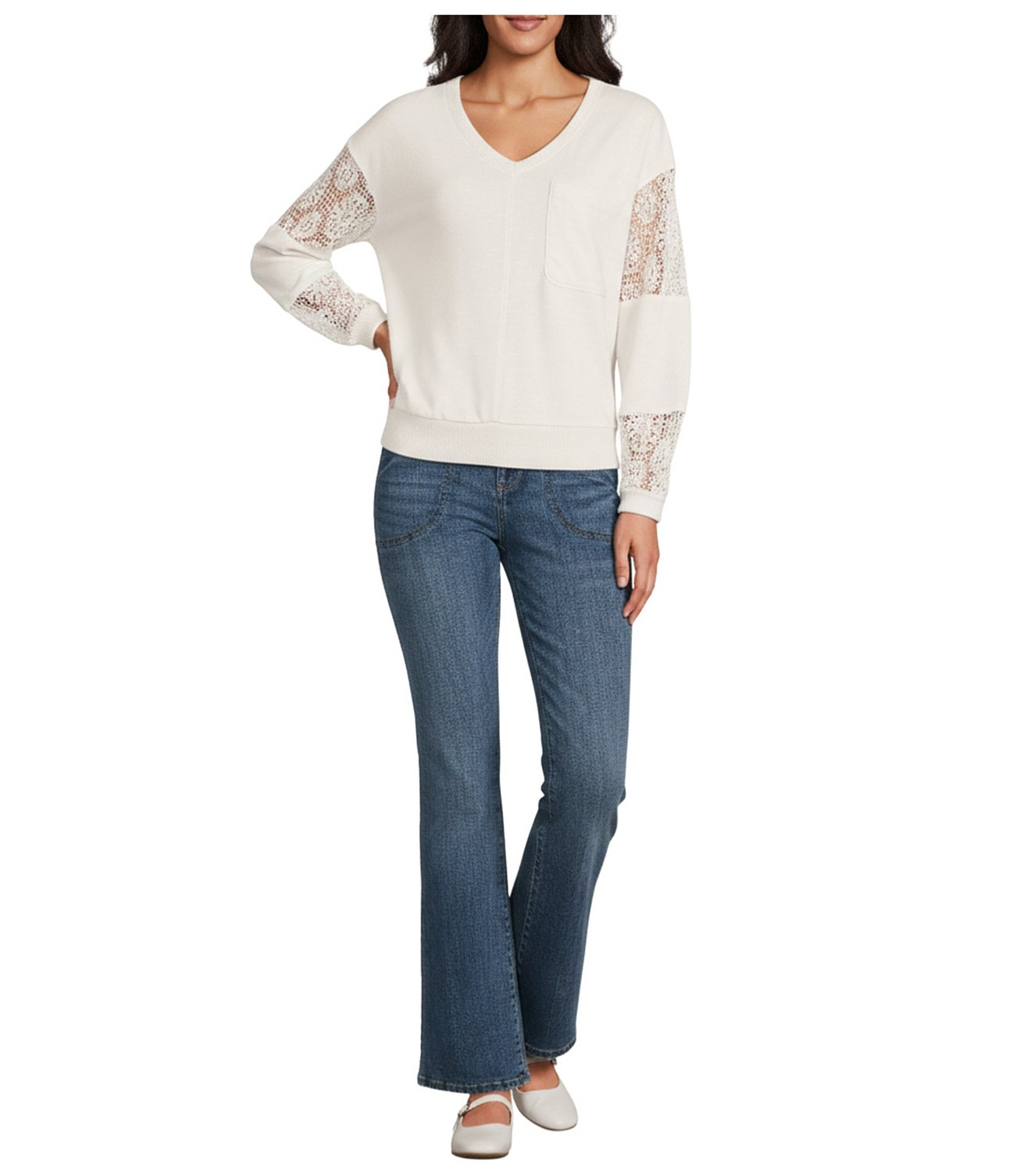 Nurture Petite French Terry Lace & Rib V-Neck Drop Shoulder Front Pocket Knit Pullover