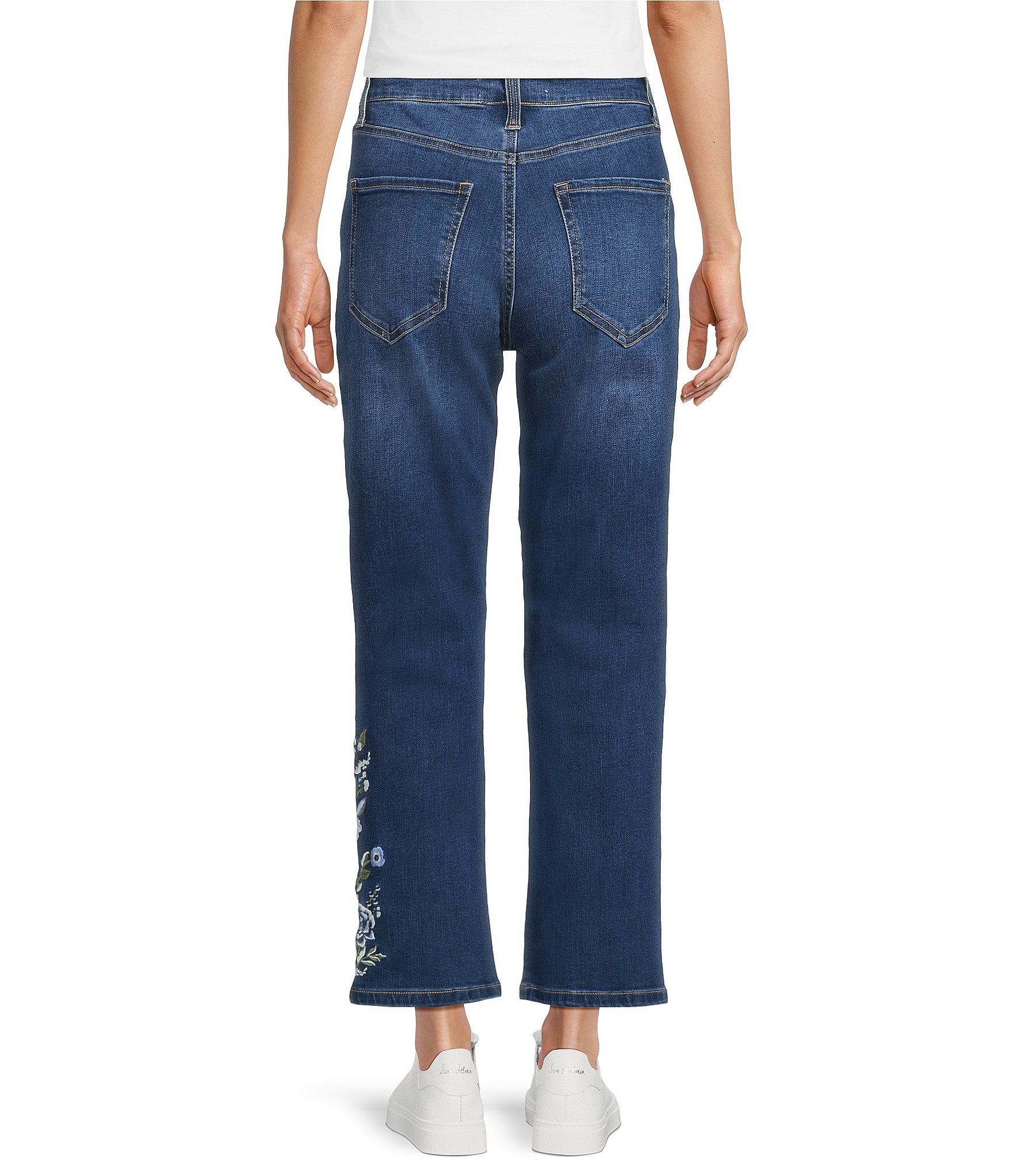 Nurture Petite Mid Rise Embroidered Straight Ankle Jeans