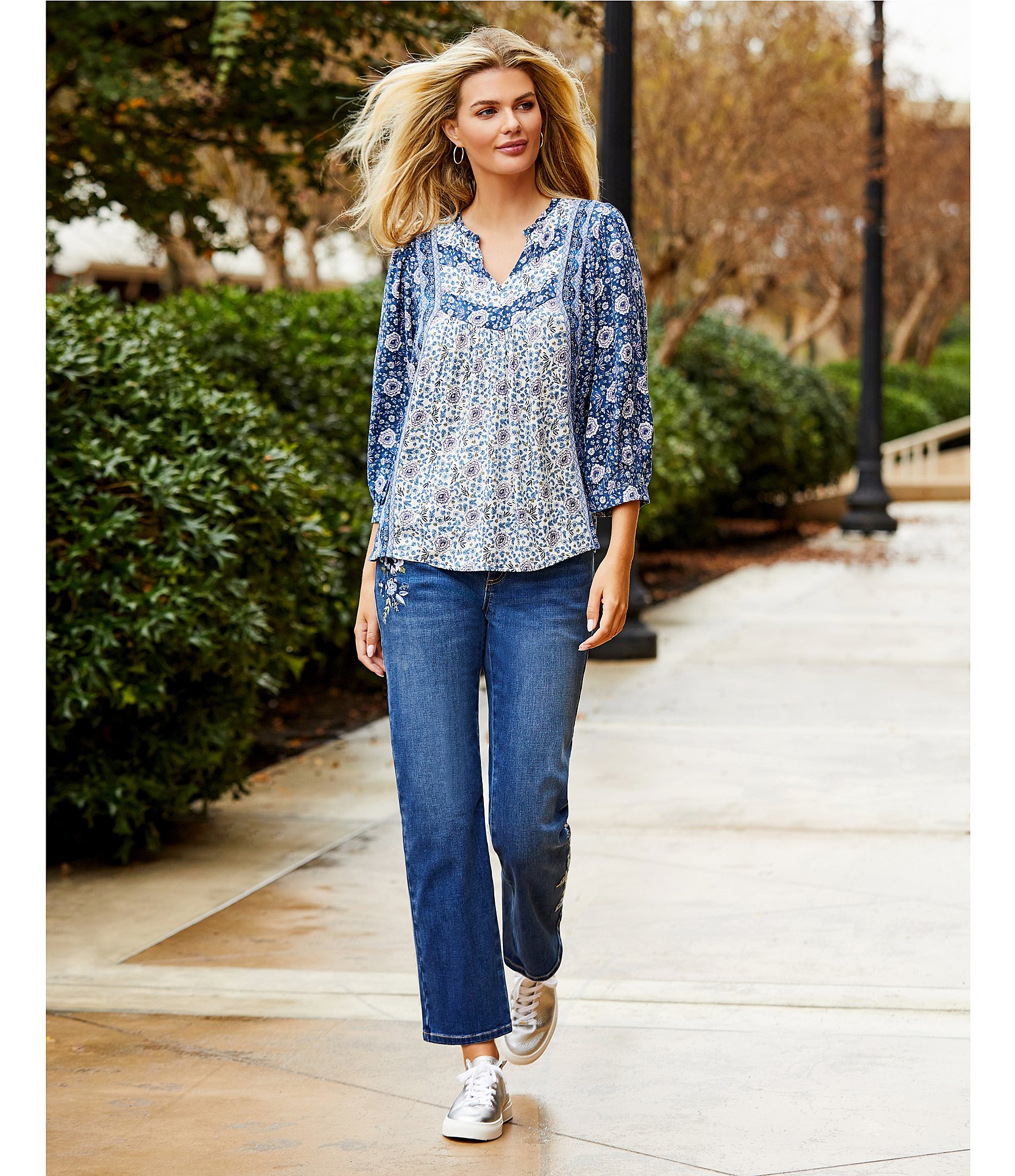 Nurture Petite Mid Rise Embroidered Straight Ankle Jeans