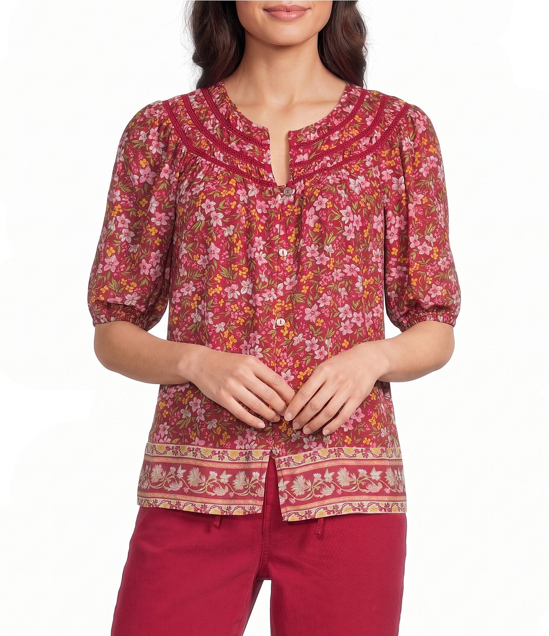 Nurture Petite Size Button Front Elbow Sleeve Y-Neck Top
