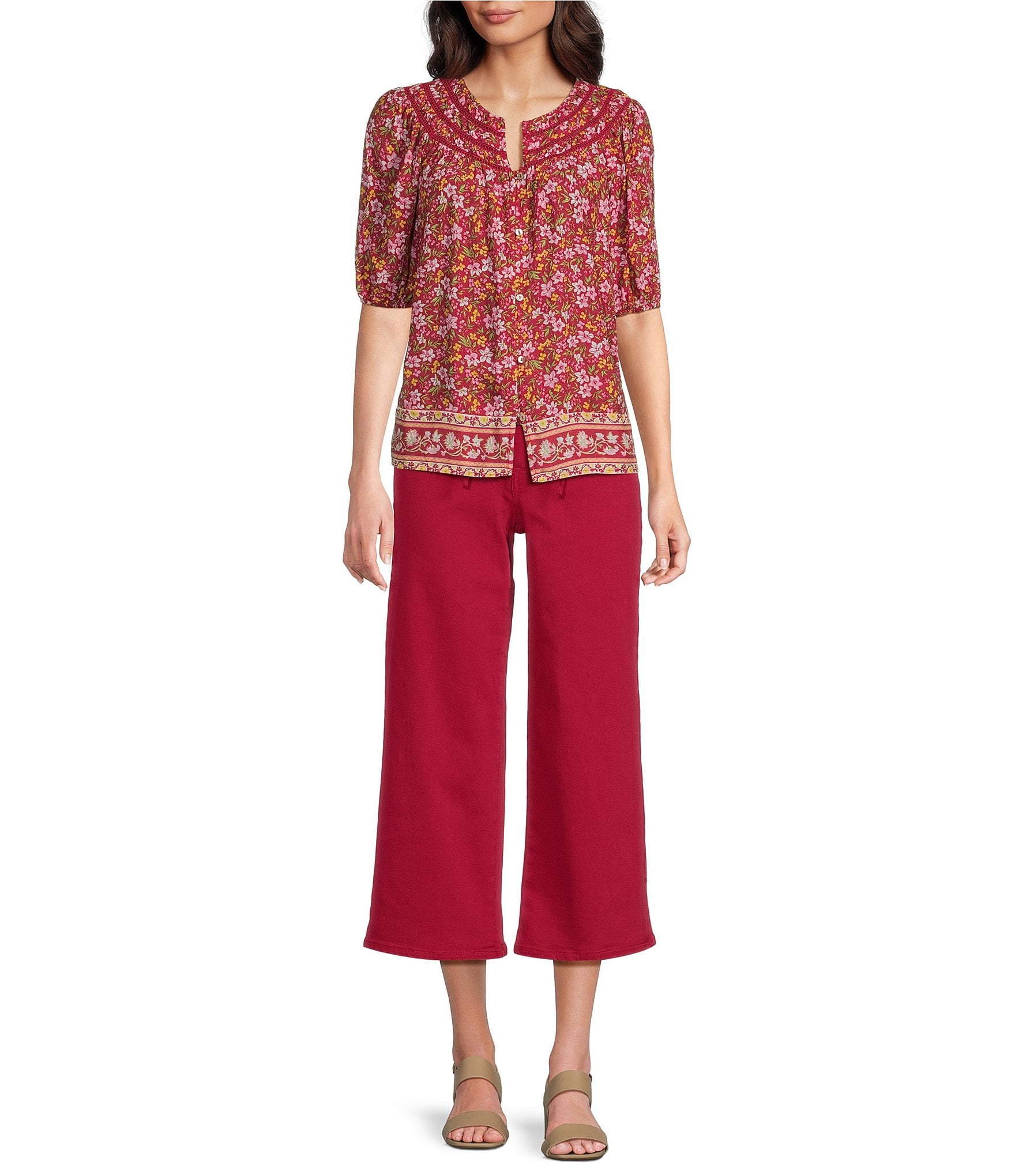 Nurture Petite Size Button Front Elbow Sleeve Split V-Neck Top
