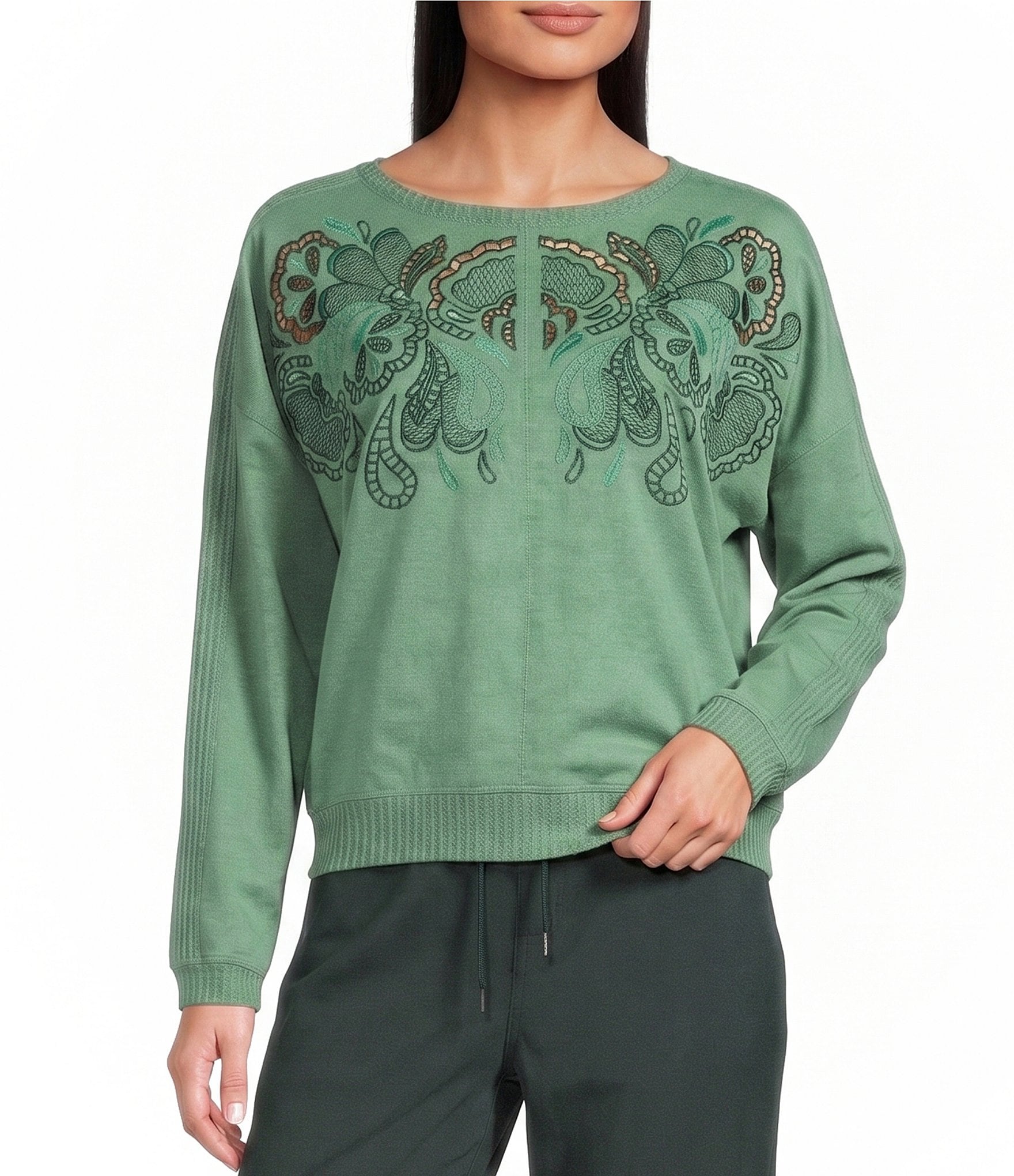 Nurture Petite Size Long Sleeve Crew Neck Embroidered Knit Top