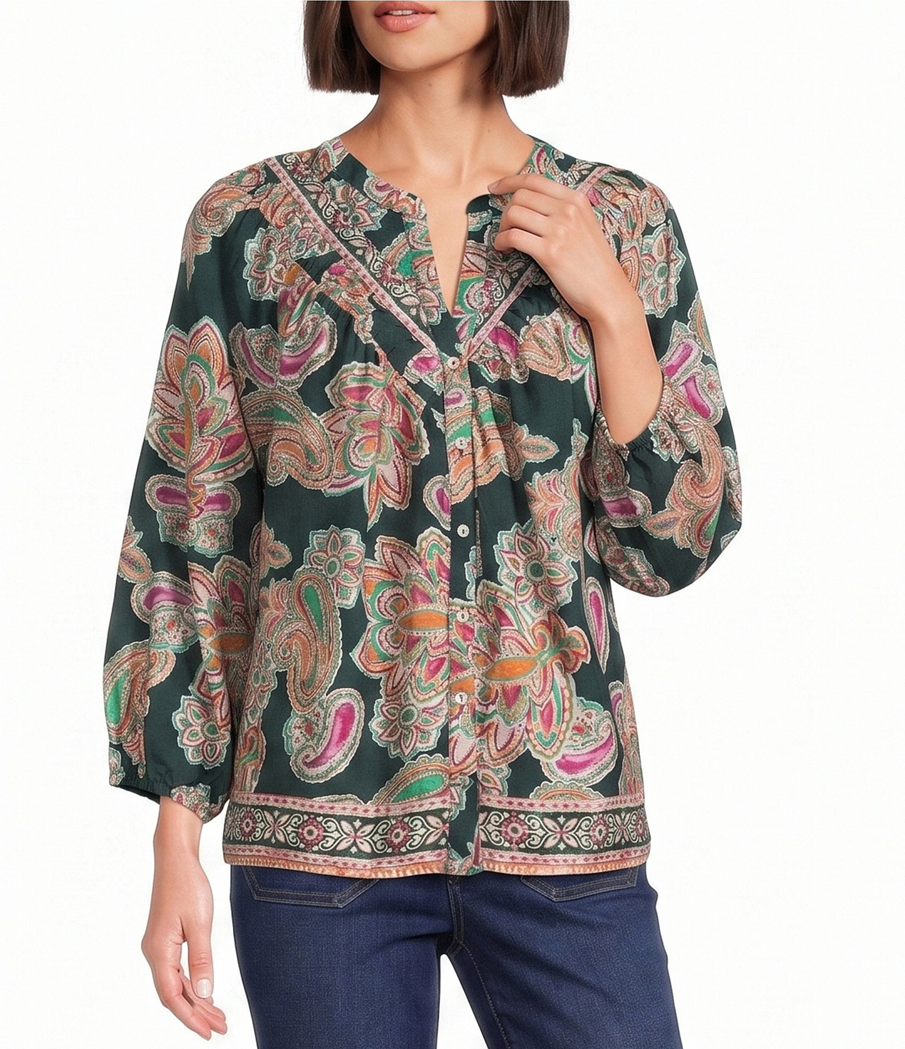 Nurture Petite Woven 3/4 Sleeve Y-Neck Button Front Top