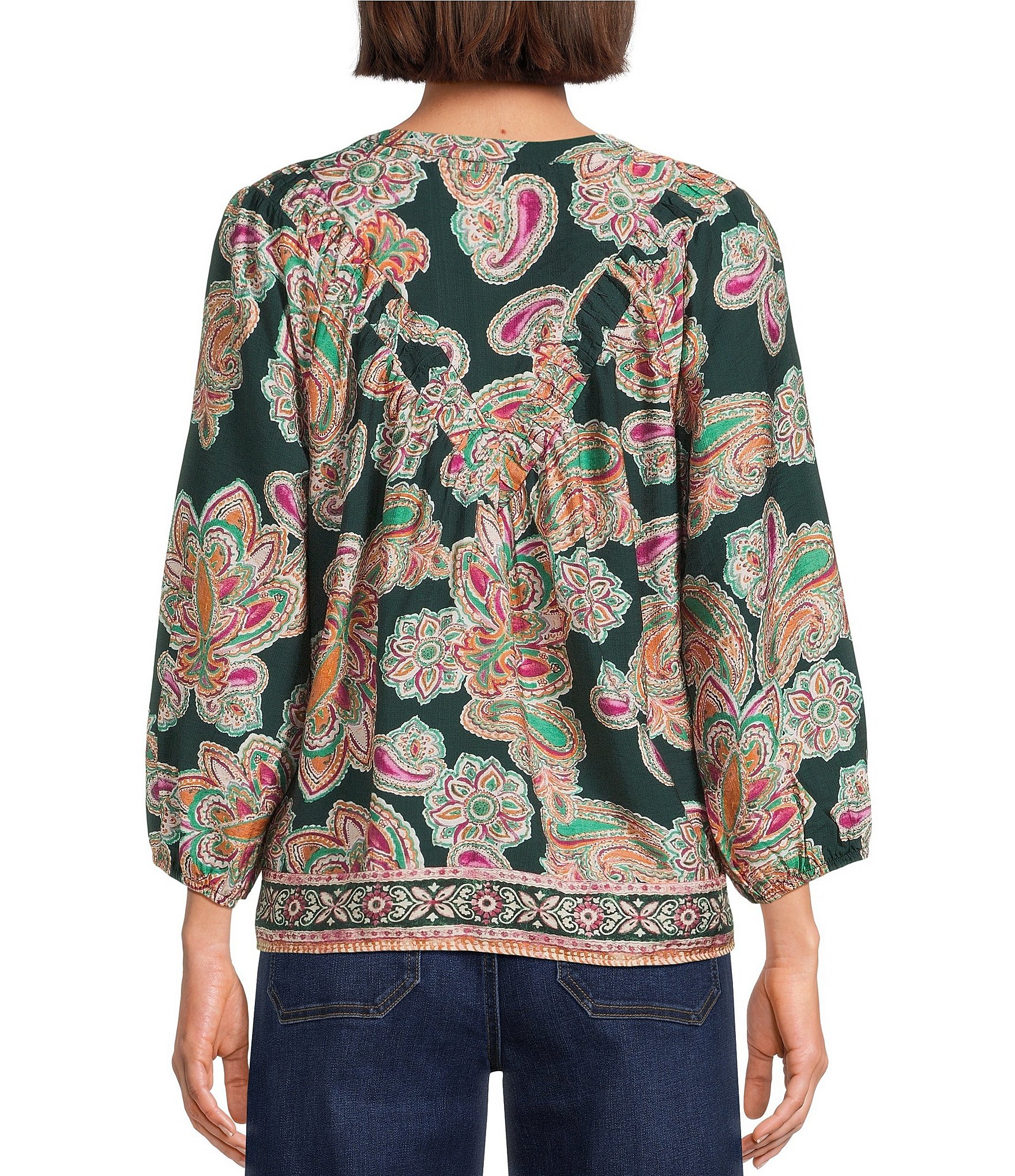 Nurture Petite Woven 3/4 Sleeve Y-Neck Button Front Top
