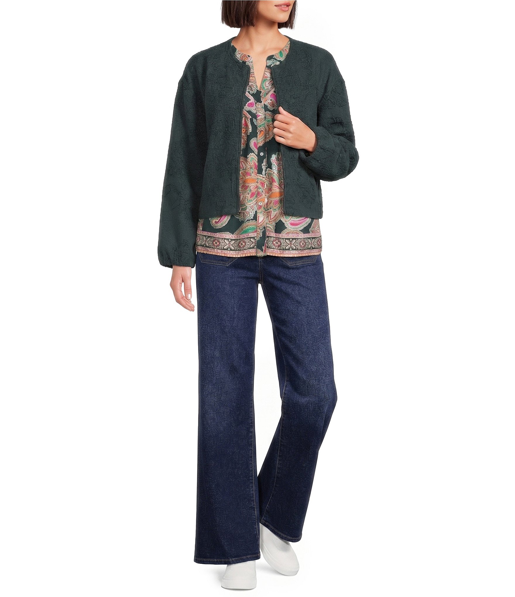 Nurture Petite Woven 3/4 Sleeve Y-Neck Button Front Top