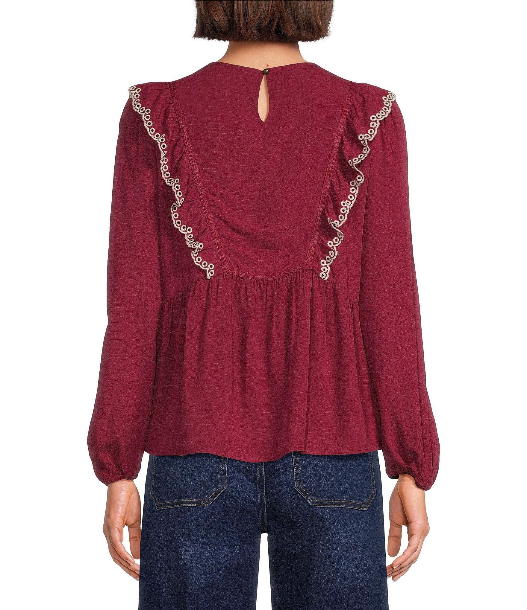 Nurture Petite Woven Bracelet Sleeve Crew Neck Ruffle Top