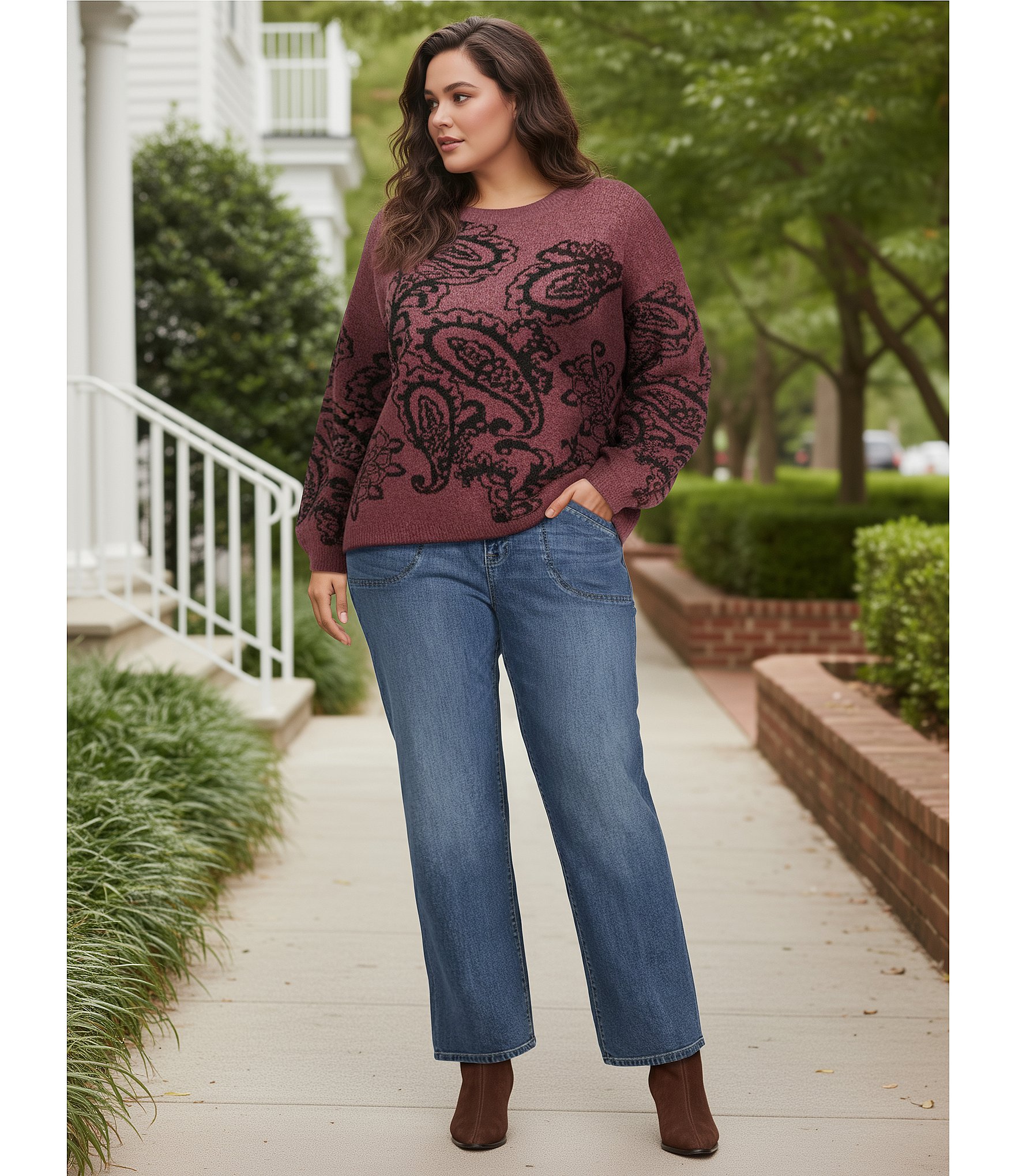 Nurture Plus Size Long Sleeve Crew Neck Maroon Paisley Sweater