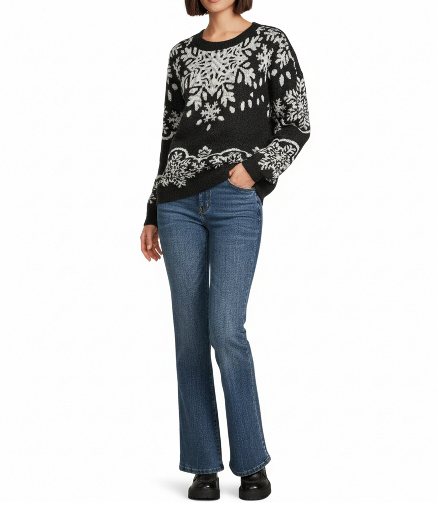 Nurture Snow Flake Pattern Long Sleeve Crew Neck Sweater