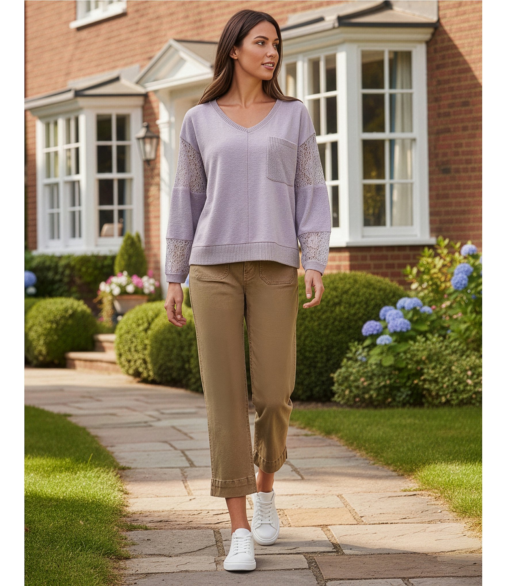 Nurture Solid V-Neck Long Sleeve Drop Shoulder French Terry Knit Lace Detail Ribbed Pullover