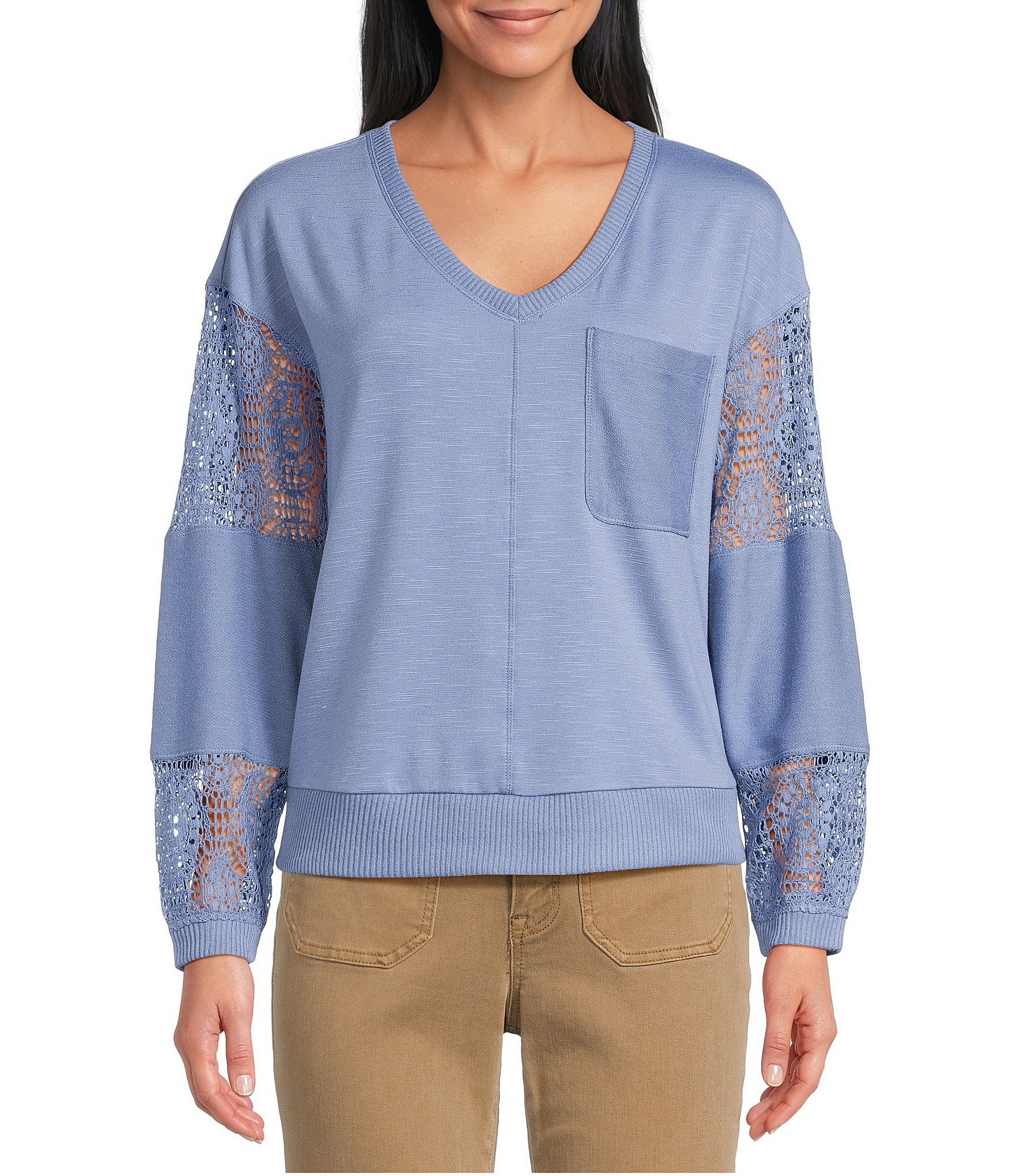 Nurture Solid V-Neck Long Sleeve Drop Shoulder French Terry Knit Lace Detail Ribbed Pullover