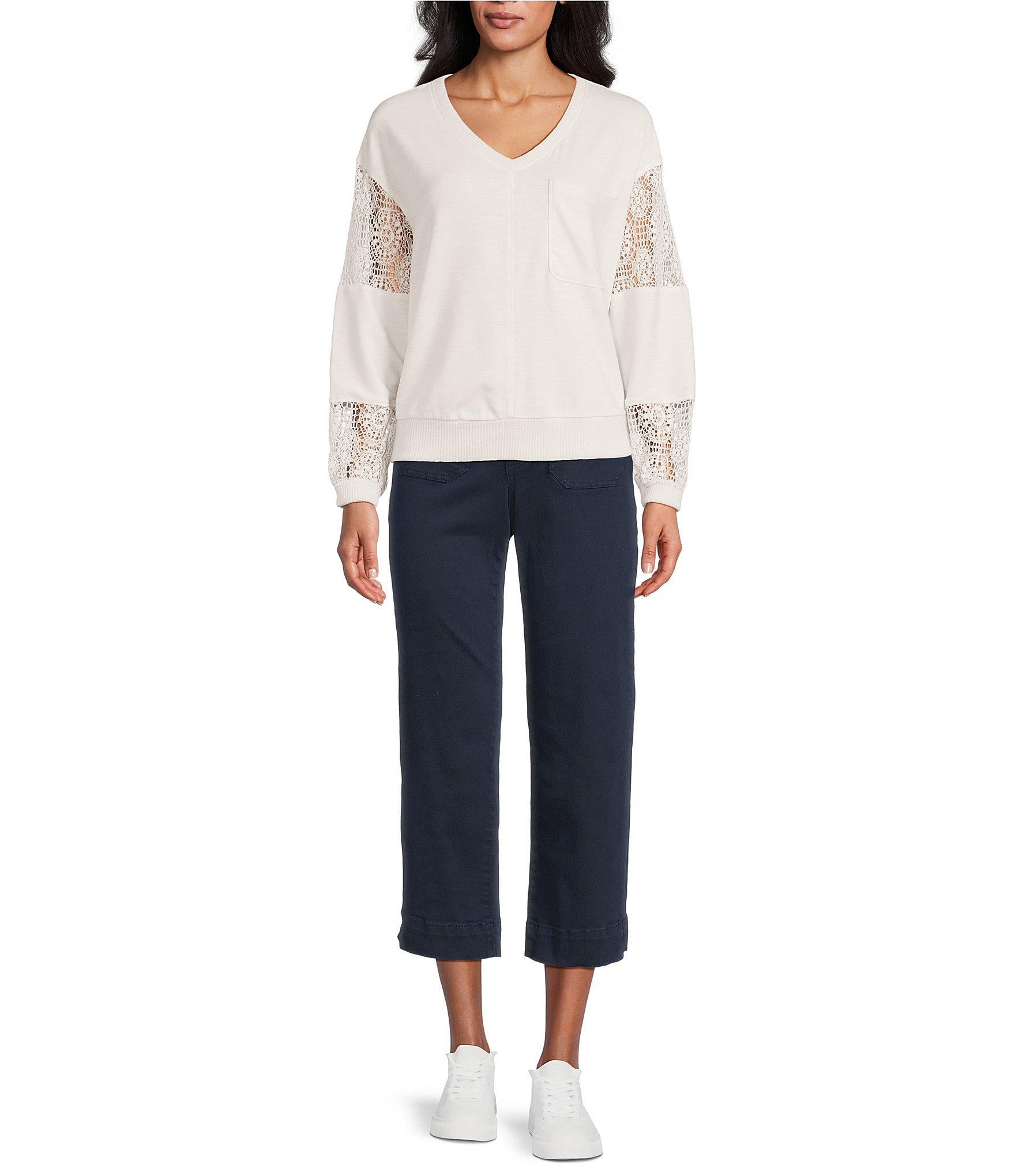 Nurture Solid V-Neck Long Sleeve Drop Shoulder French Terry Knit Lace Detail Ribbed Pullover