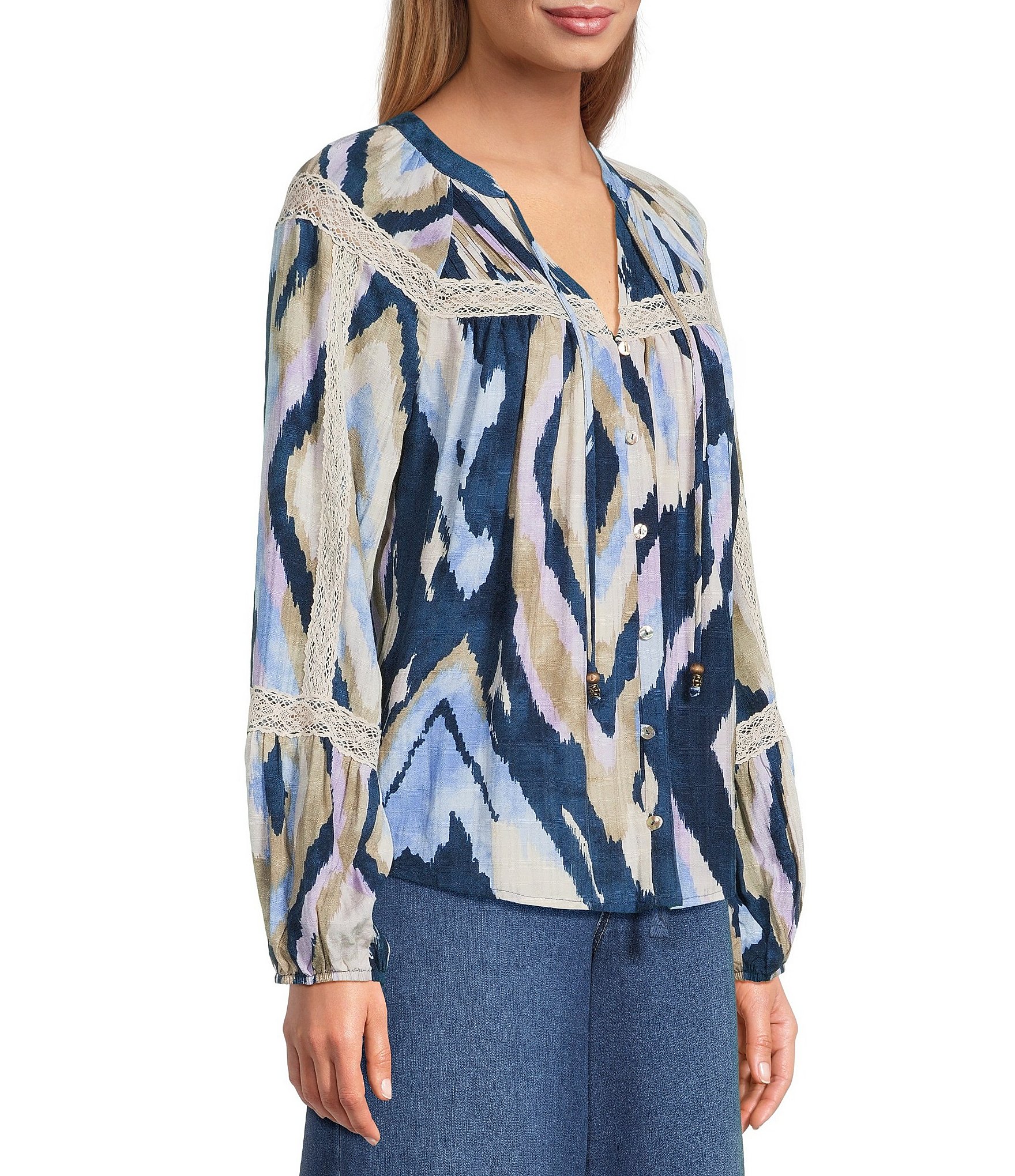 Nurture Tassel Long Sleeve Button Front Y-Neck Top