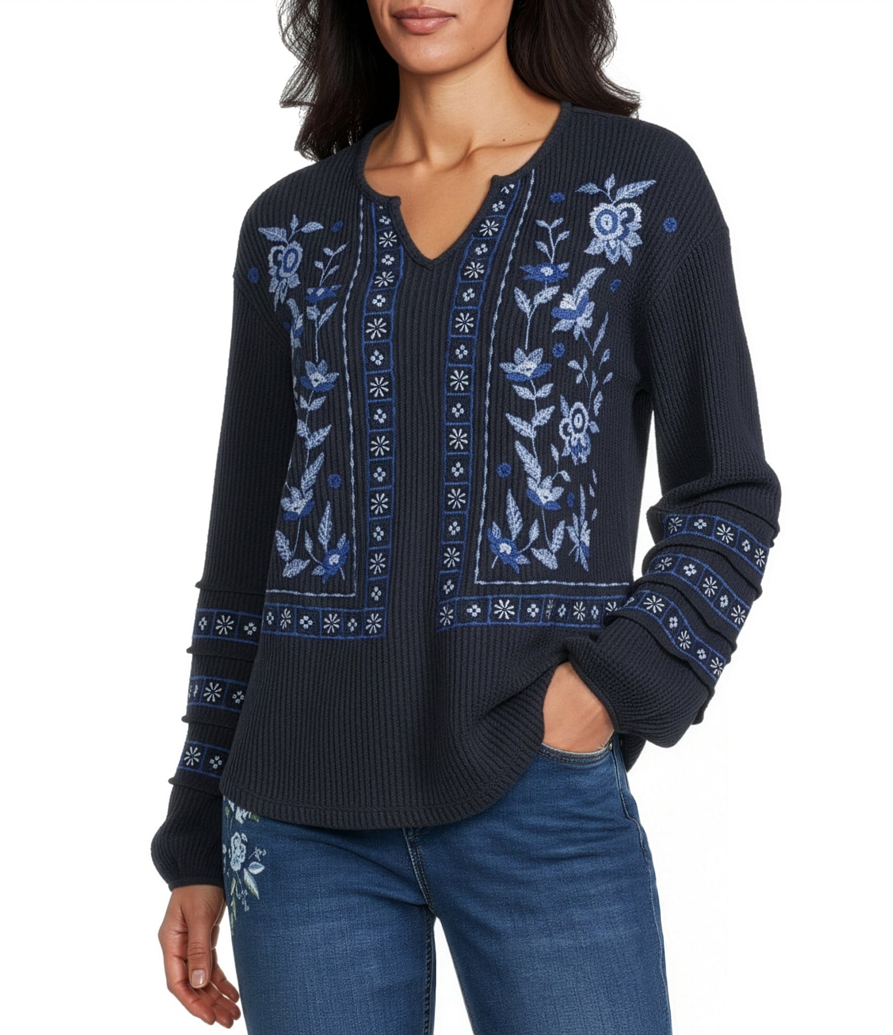 Nurture Washed Embroidered Long Sleeve V-Neck Knit Top