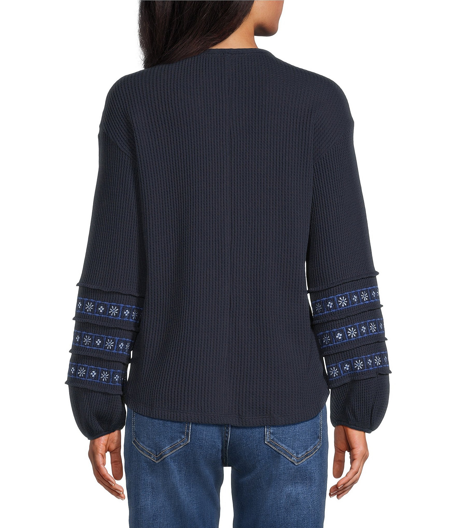 Nurture Washed Embroidered Long Sleeve V-Neck Knit Top
