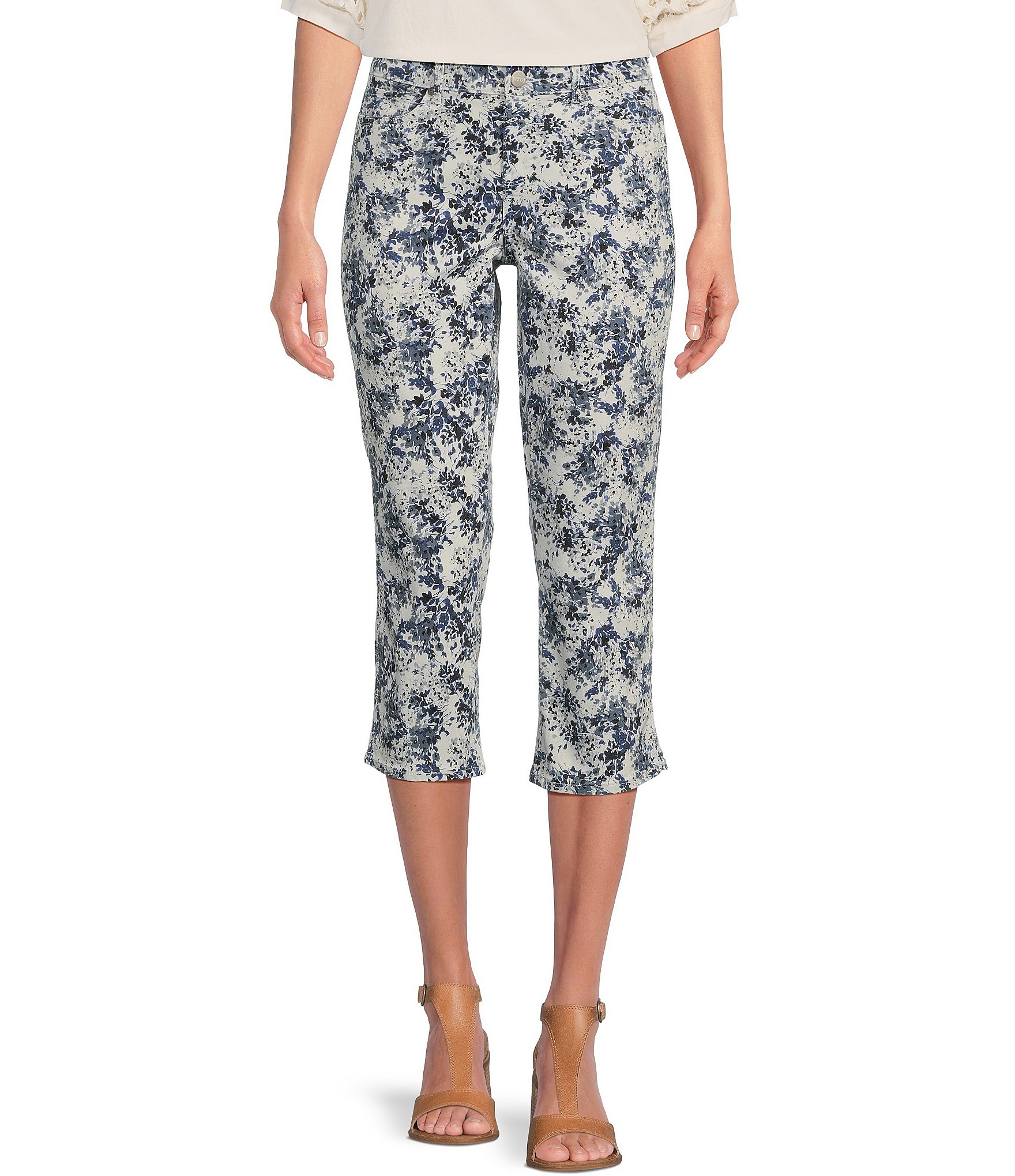 NYDJ Chloe Stretch Denim Side Slit Hem Slim-Leg Floral Capri Jeans