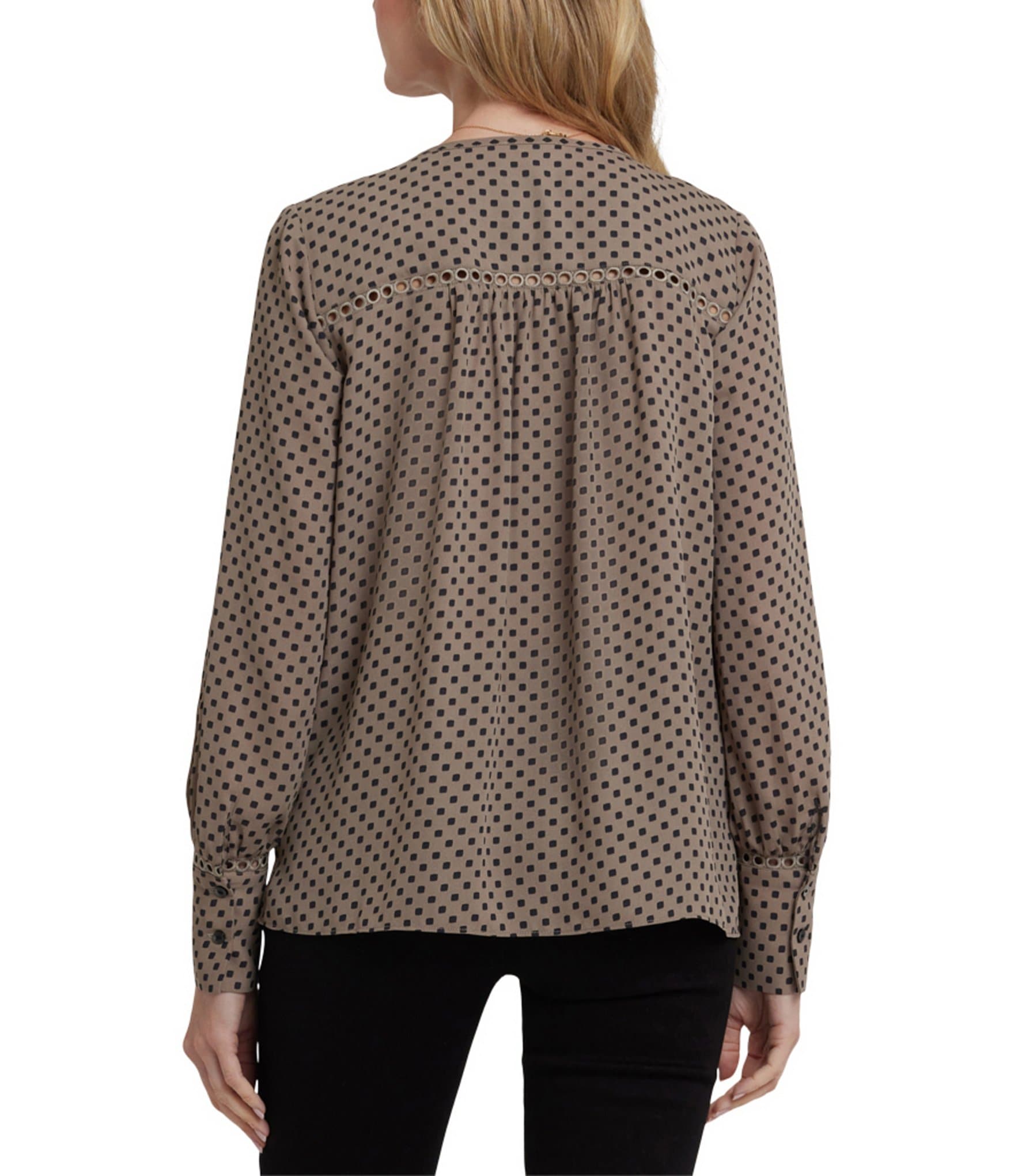 NYDJ Liliana Dot Print Split V-Neck Long Sleeve Button Front Peasant Blouse