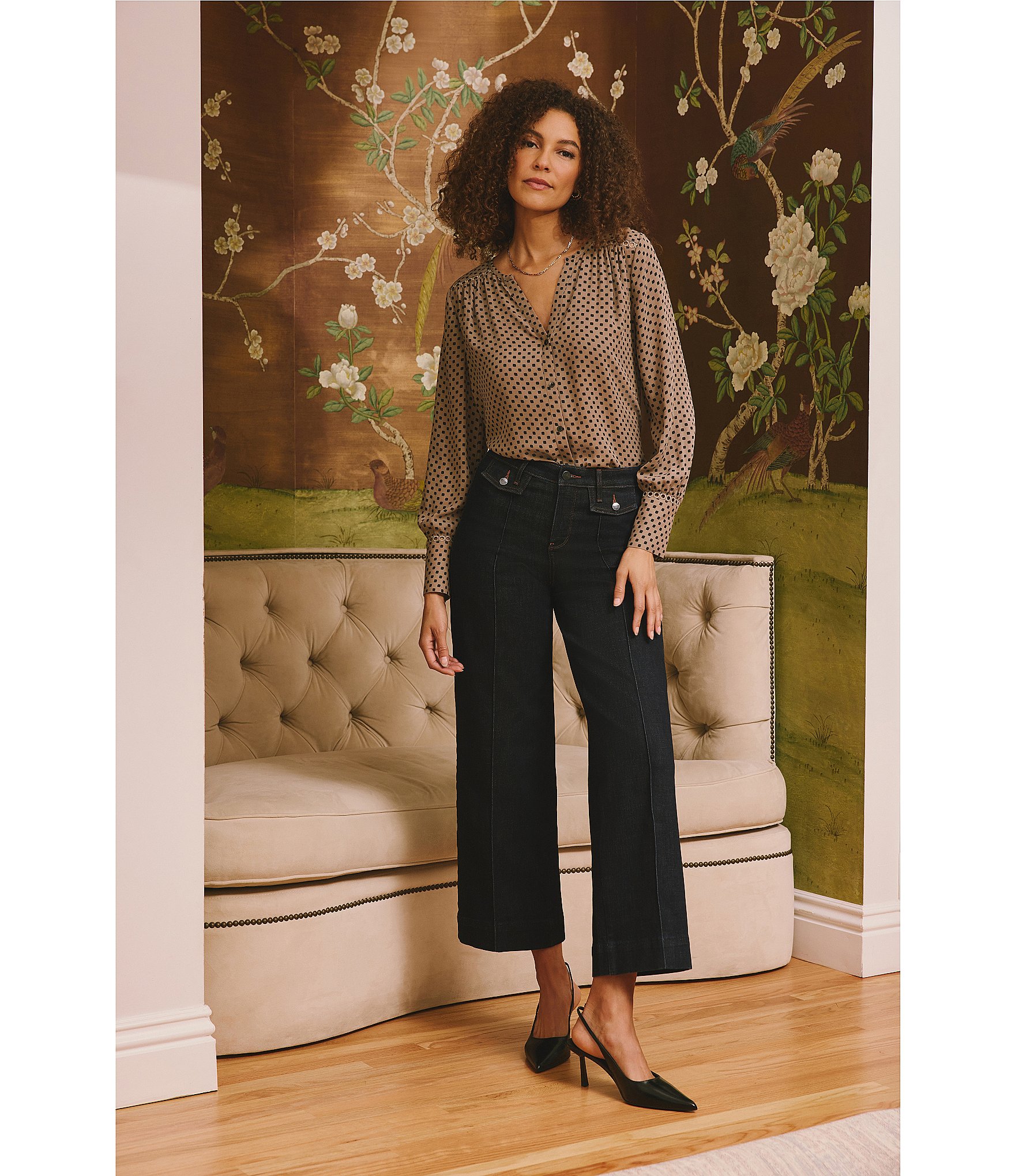 NYDJ Liliana Dot Print Split V-Neck Long Sleeve Button Front Peasant Blouse