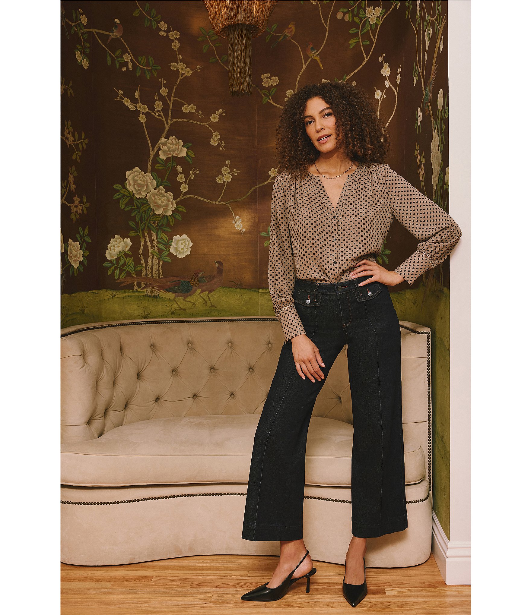 NYDJ Liliana Dot Print Split V-Neck Long Sleeve Button Front Peasant Blouse