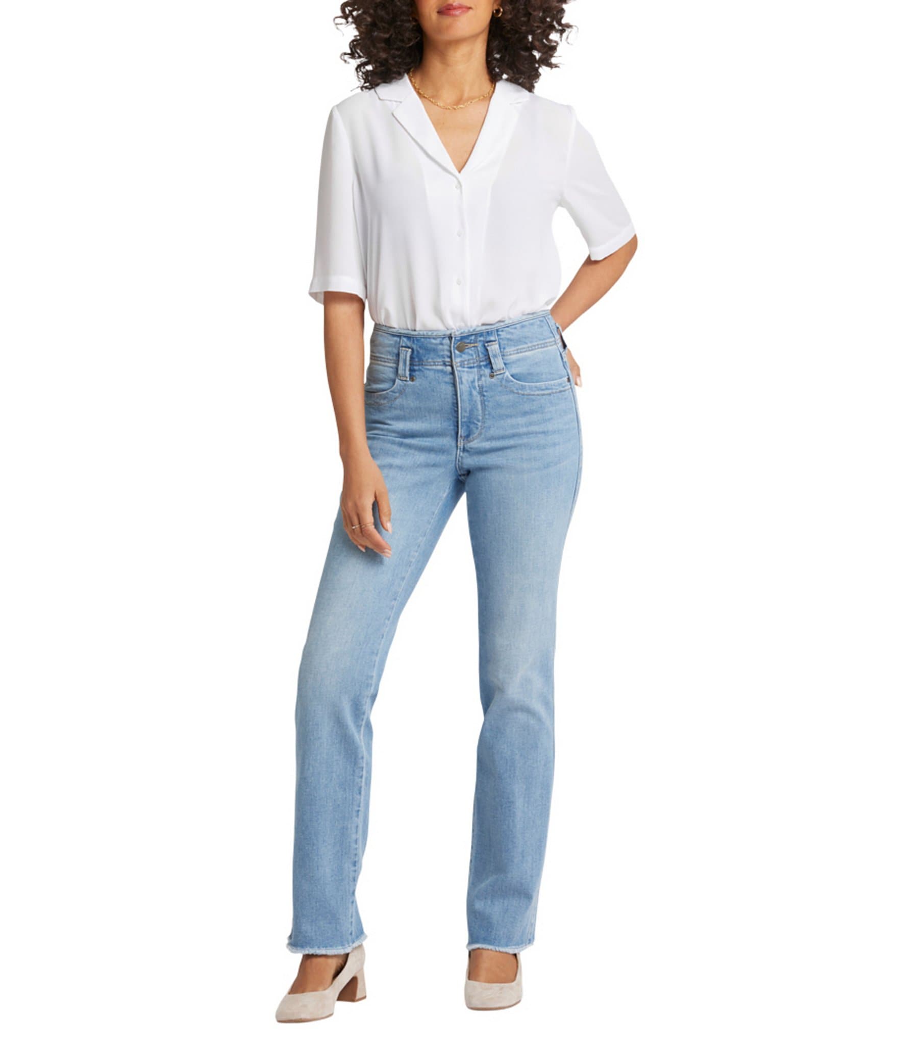 NYDJ Marilyn Stretch Denim High Rise Straight Leg Frayed Hem Jeans