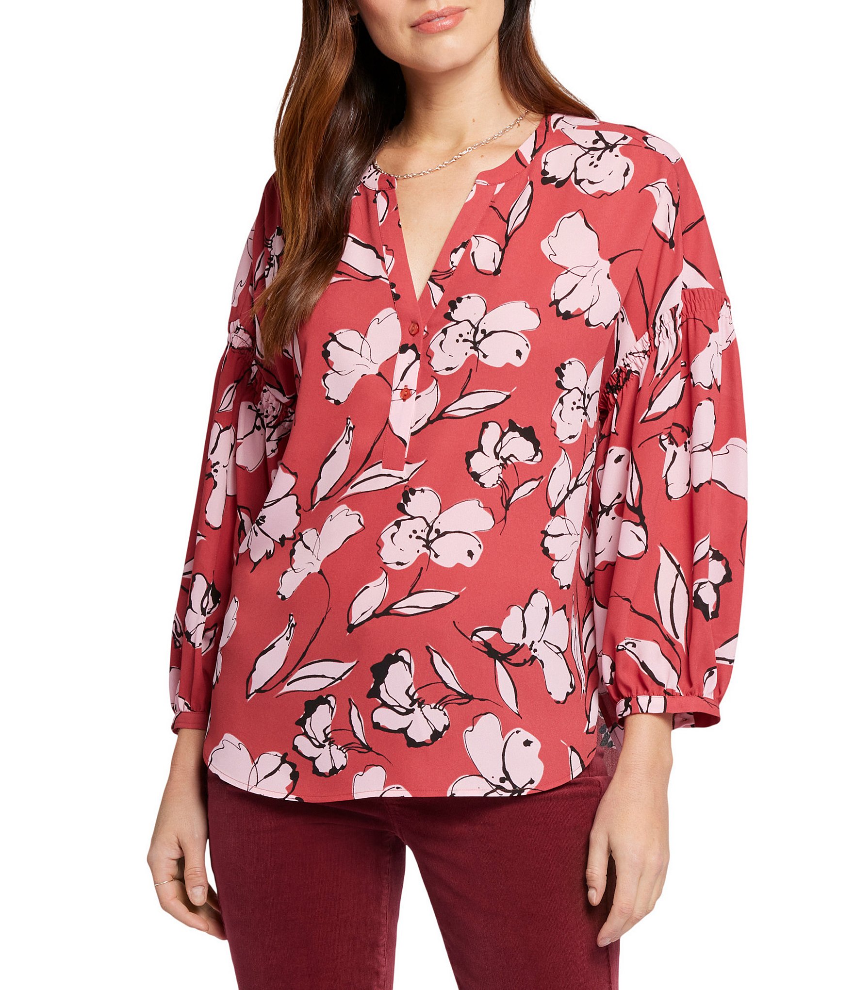 NYDJ Paulina Floral Printed Woven Split V-Neck 3/4 Sleeve Button Front Peasant Blouse