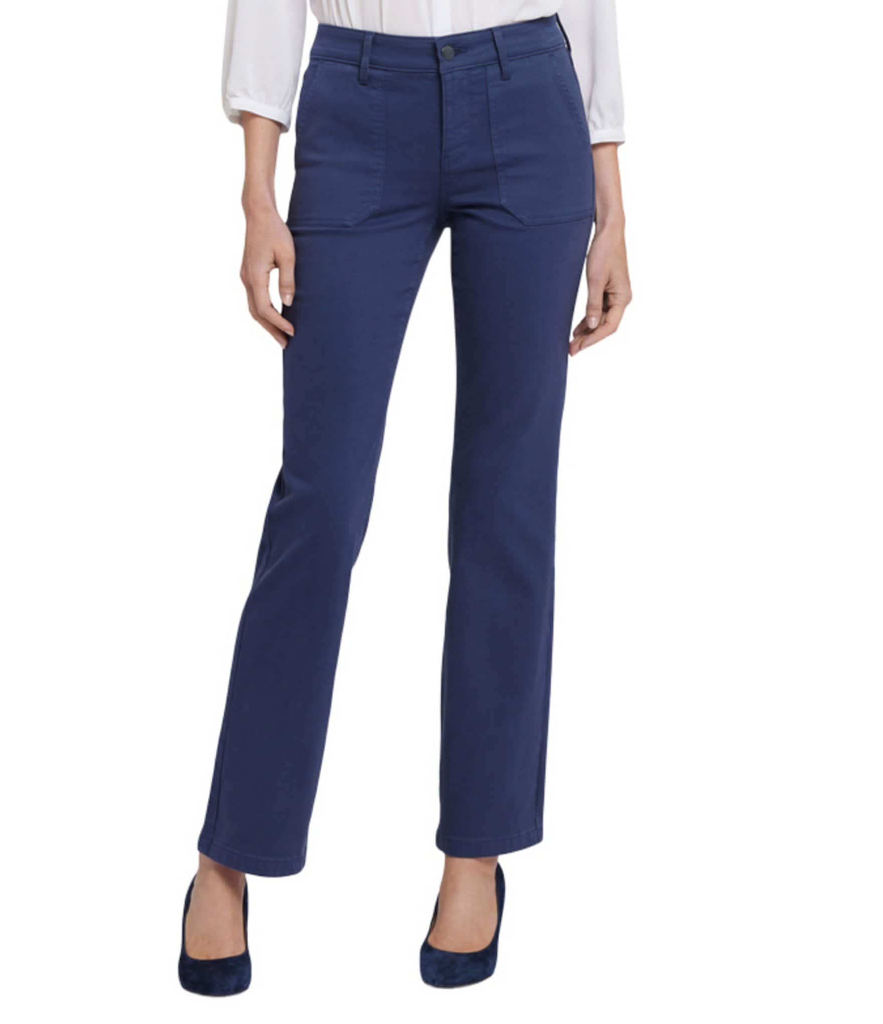 NYDJ Petite Size Marilyn Stretch Denim Utility Pocketed Straight Leg Jeans