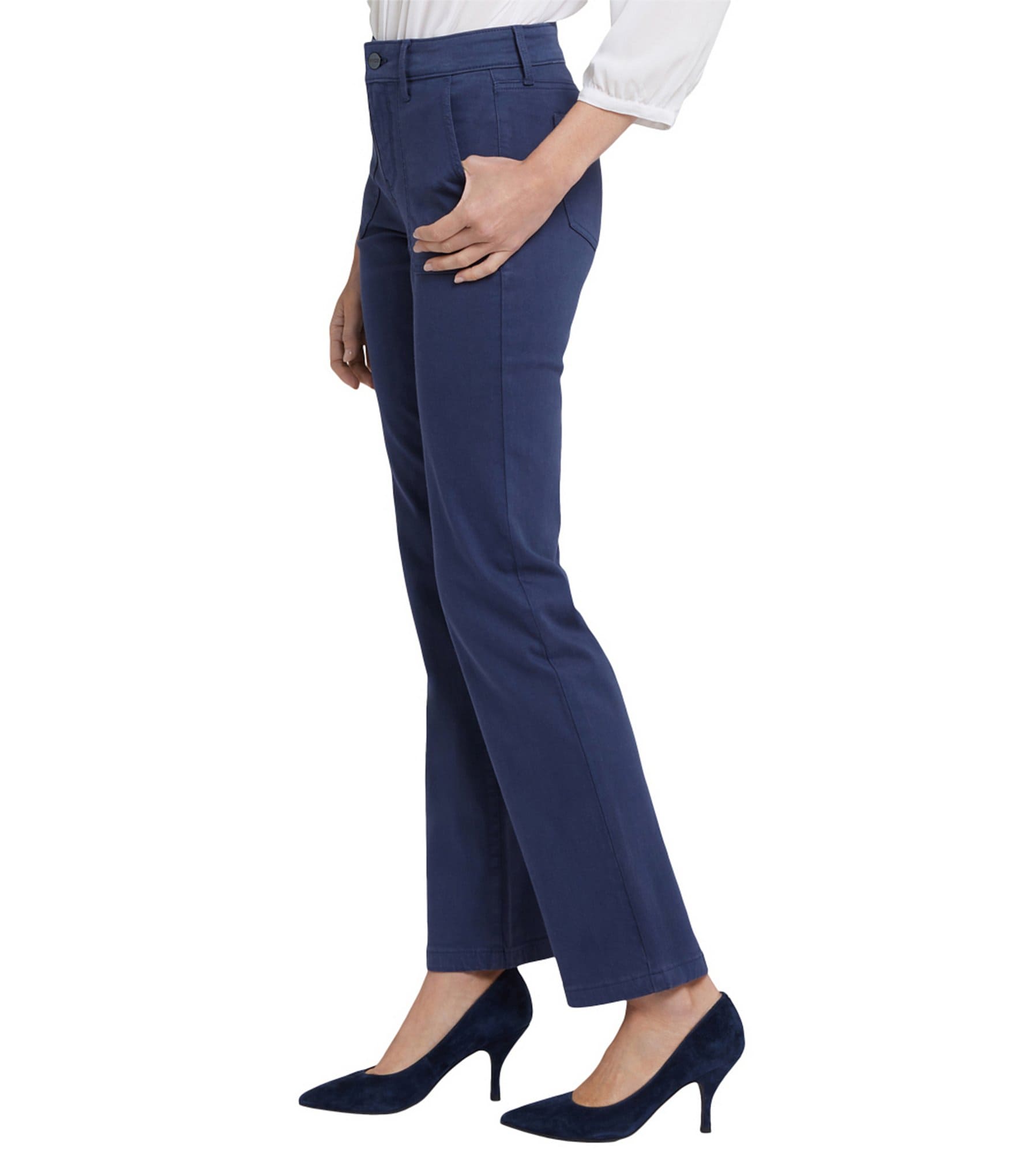 NYDJ Petite Size Marilyn Stretch Denim Utility Pocketed Straight Leg Jeans
