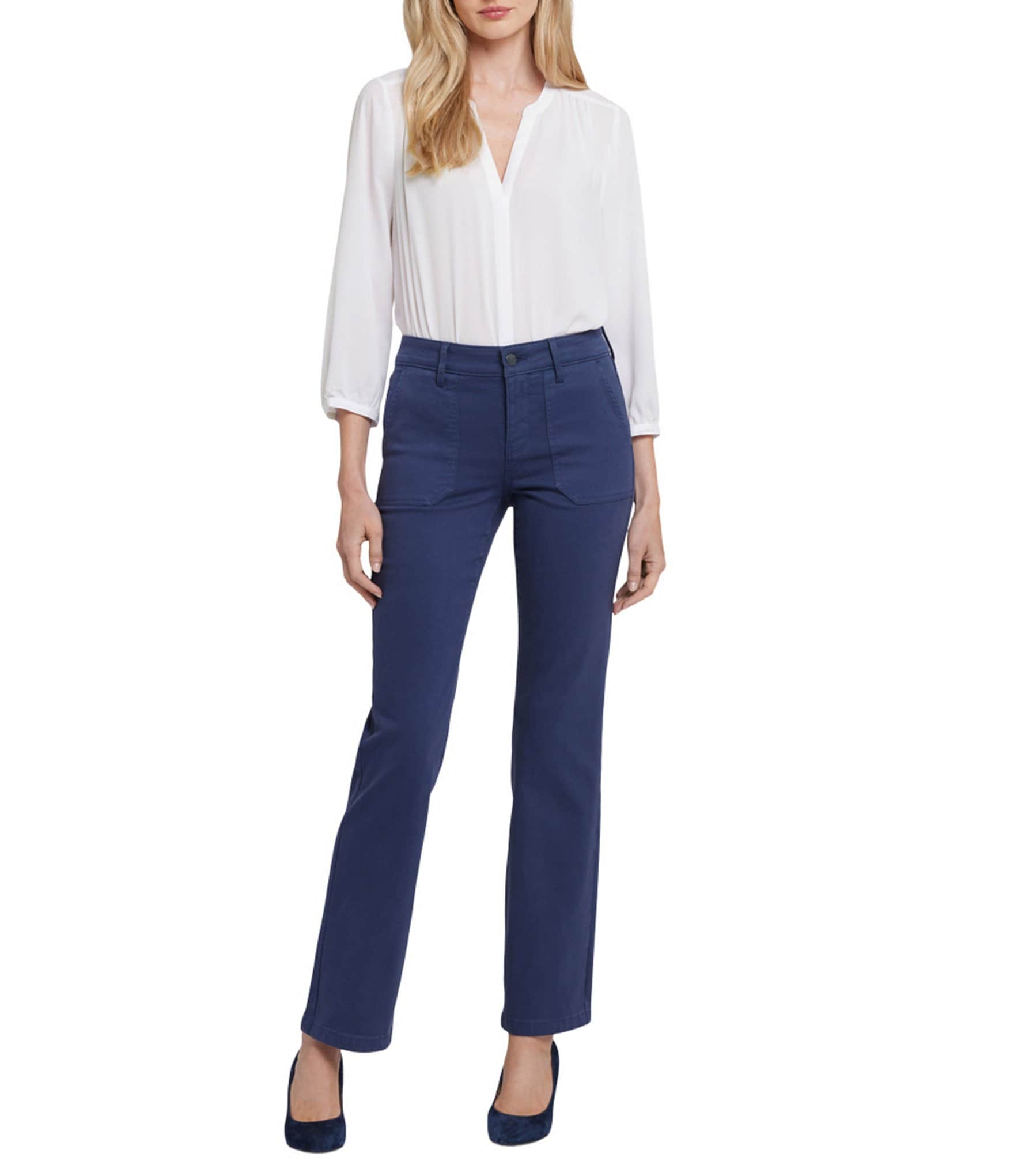 NYDJ Petite Size Marilyn Stretch Denim Utility Pocketed Straight Leg Jeans