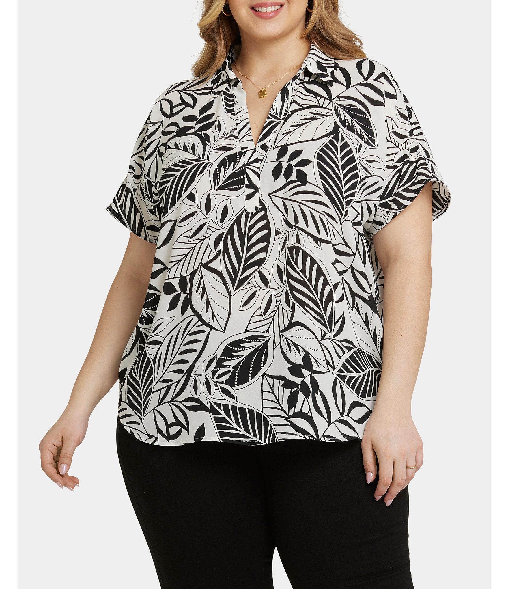 Nydj Plus Size Becky Leaf Print Point Collar Neck Short Sleeve Shirttail Hem Blouse Dillards 5737