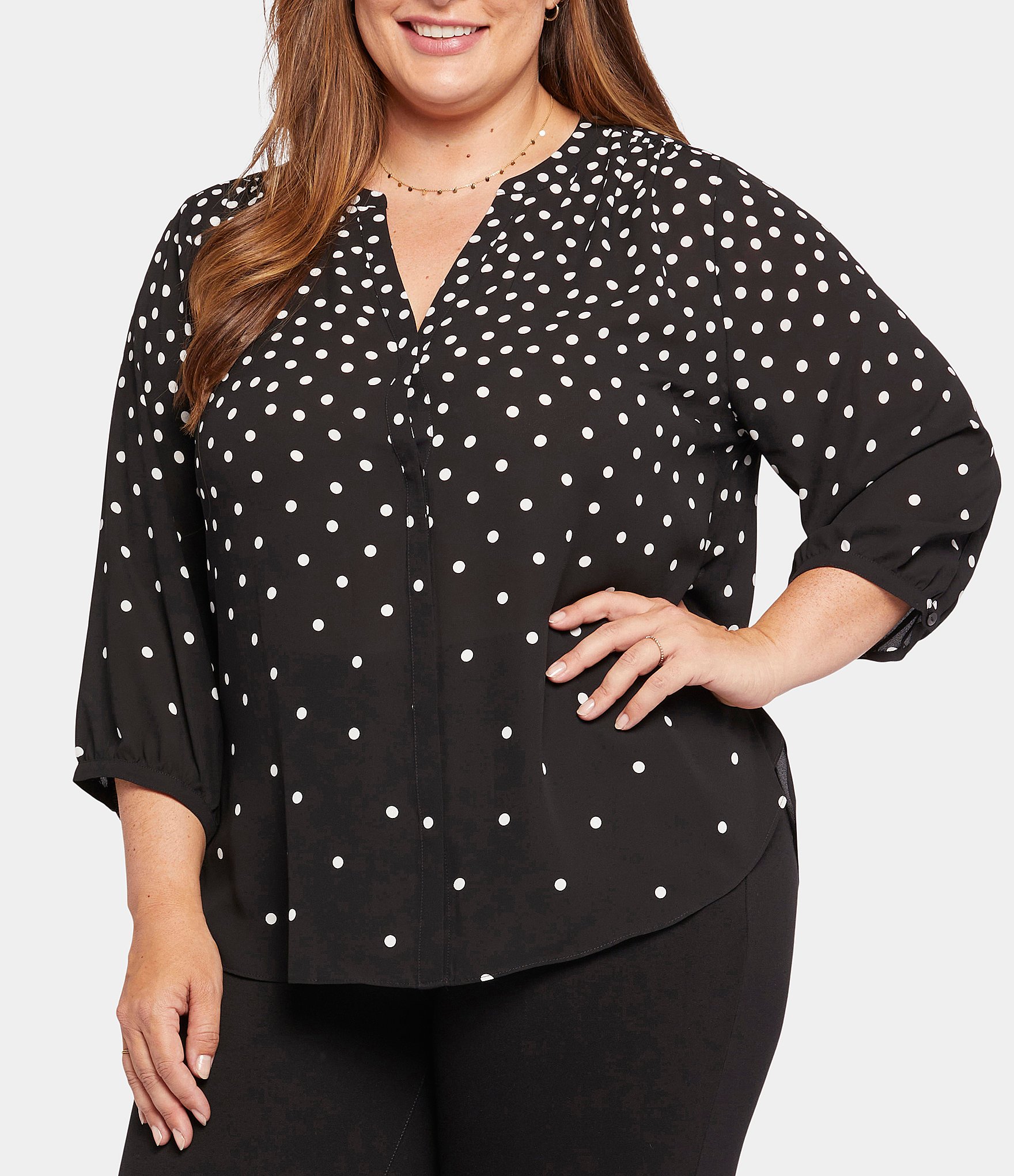 NYDJ Plus Size Dot Print Y-Neck 3/4 Sleeve Pintuck Pleated Back Button ...