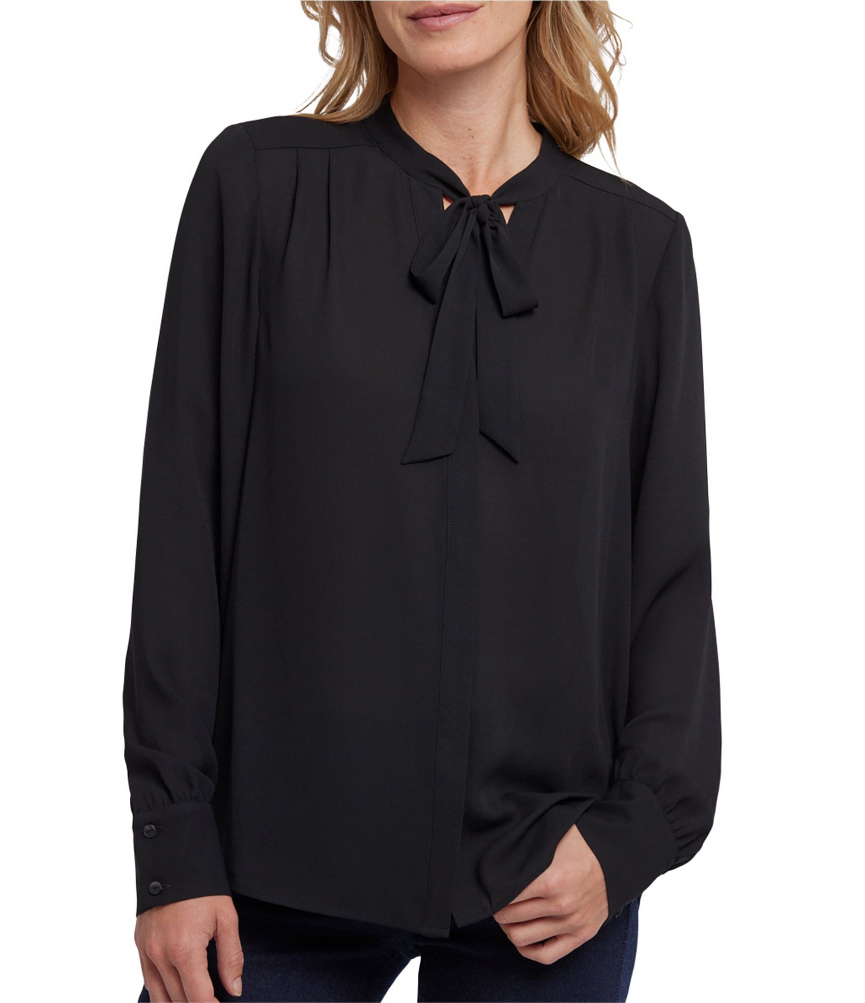 NYDJ Solid Tie-Neck Long Blouson Sleeve Blouse