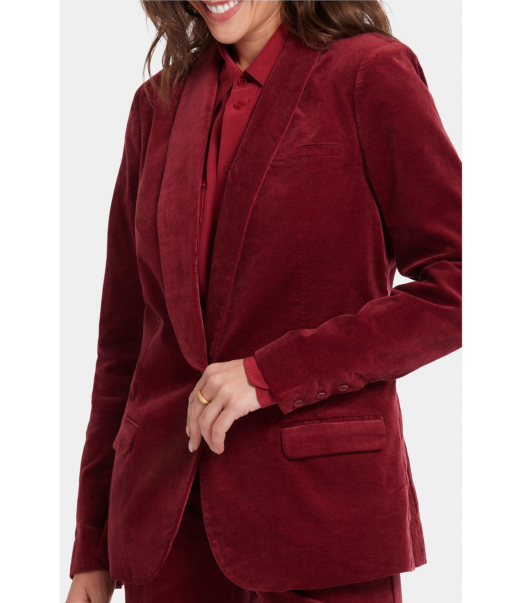 NYDJ Velveteen Shawl Collar Long Sleeve Flap Pocket One-Button Blazer Jacket