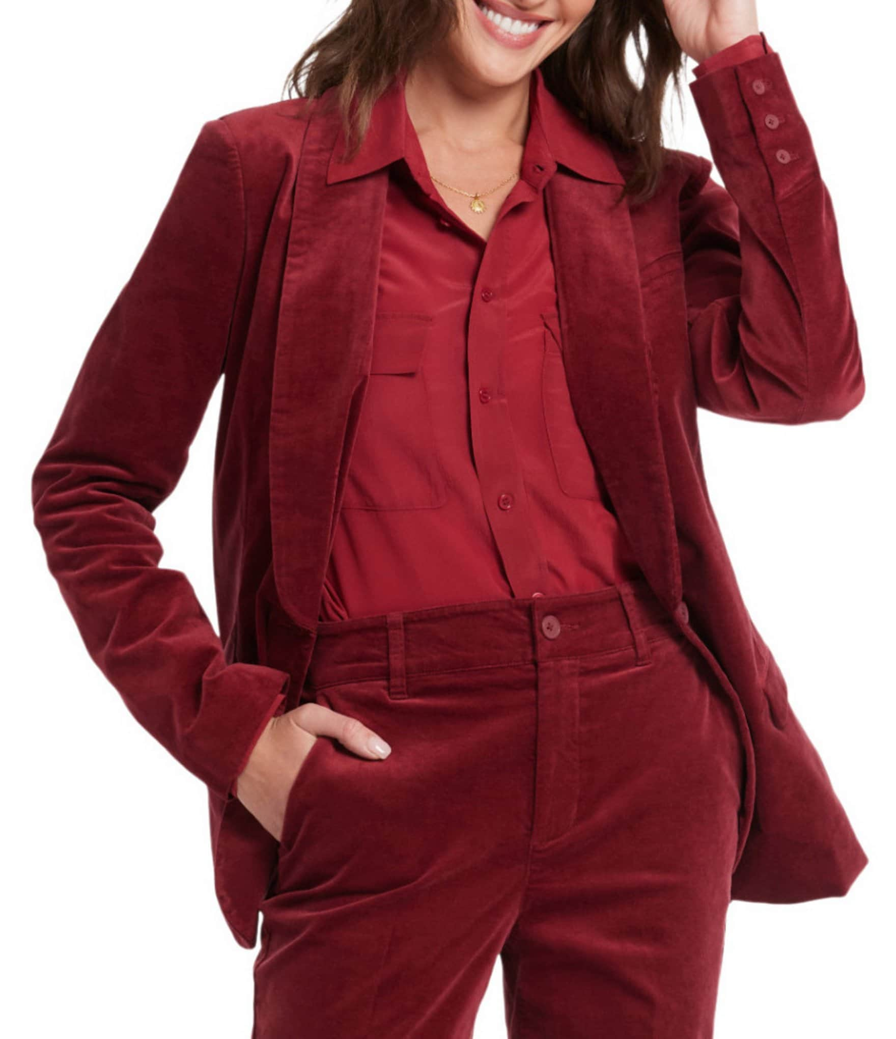 NYDJ Velveteen Shawl Collar Long Sleeve Flap Pocket One-Button Blazer Jacket