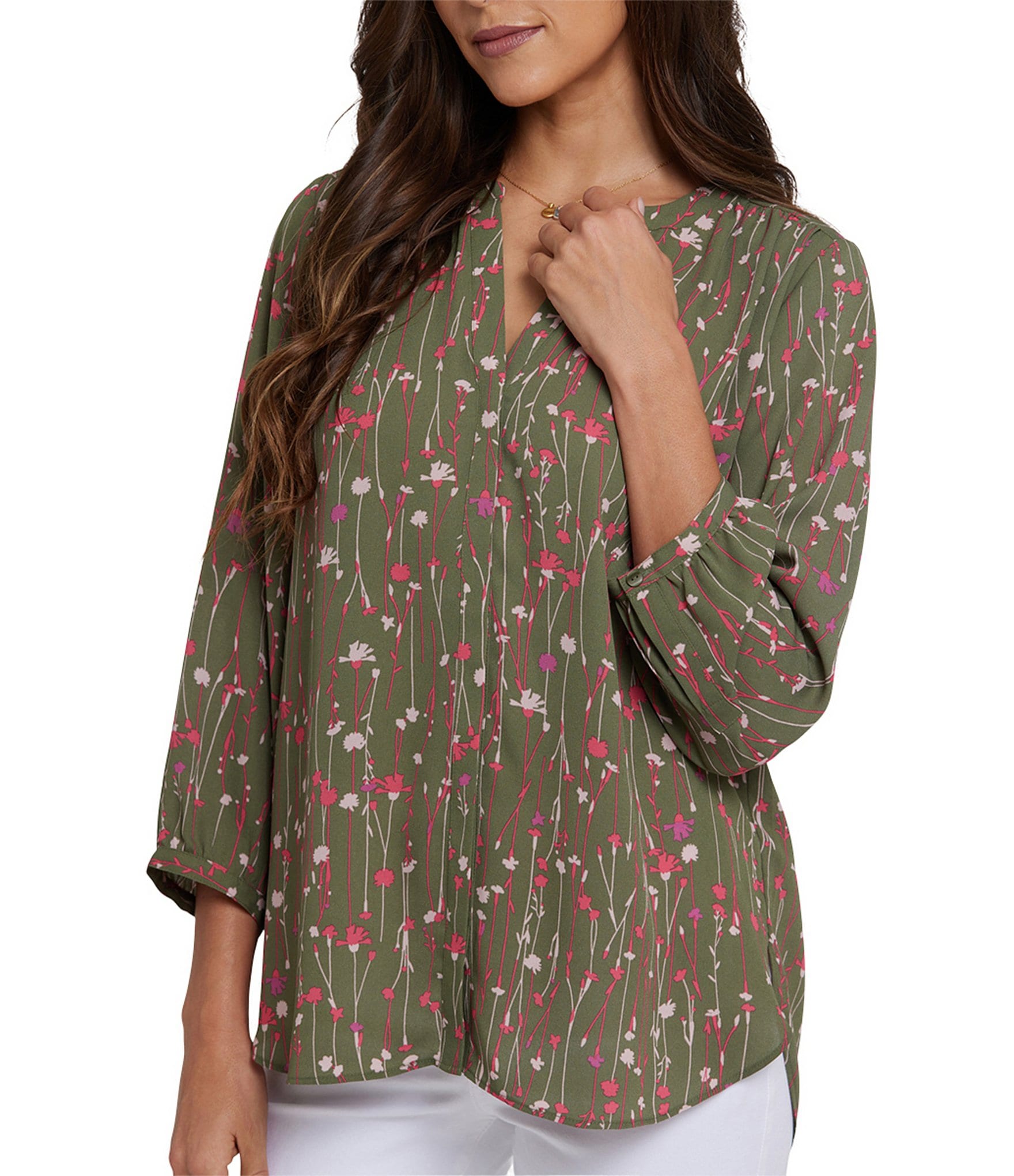 NYDJ Woven Printed Split V-Neck Button Front 3/4 Sleeve