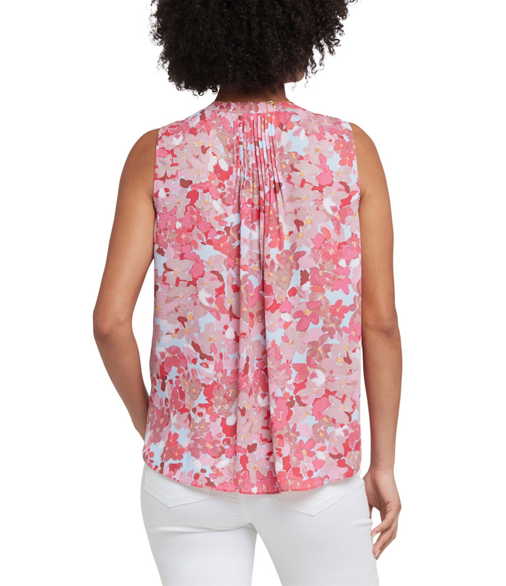 NYDJ Woven Sleeveless Inverted Pleat Mandarin Collar Pintuck Blouse
