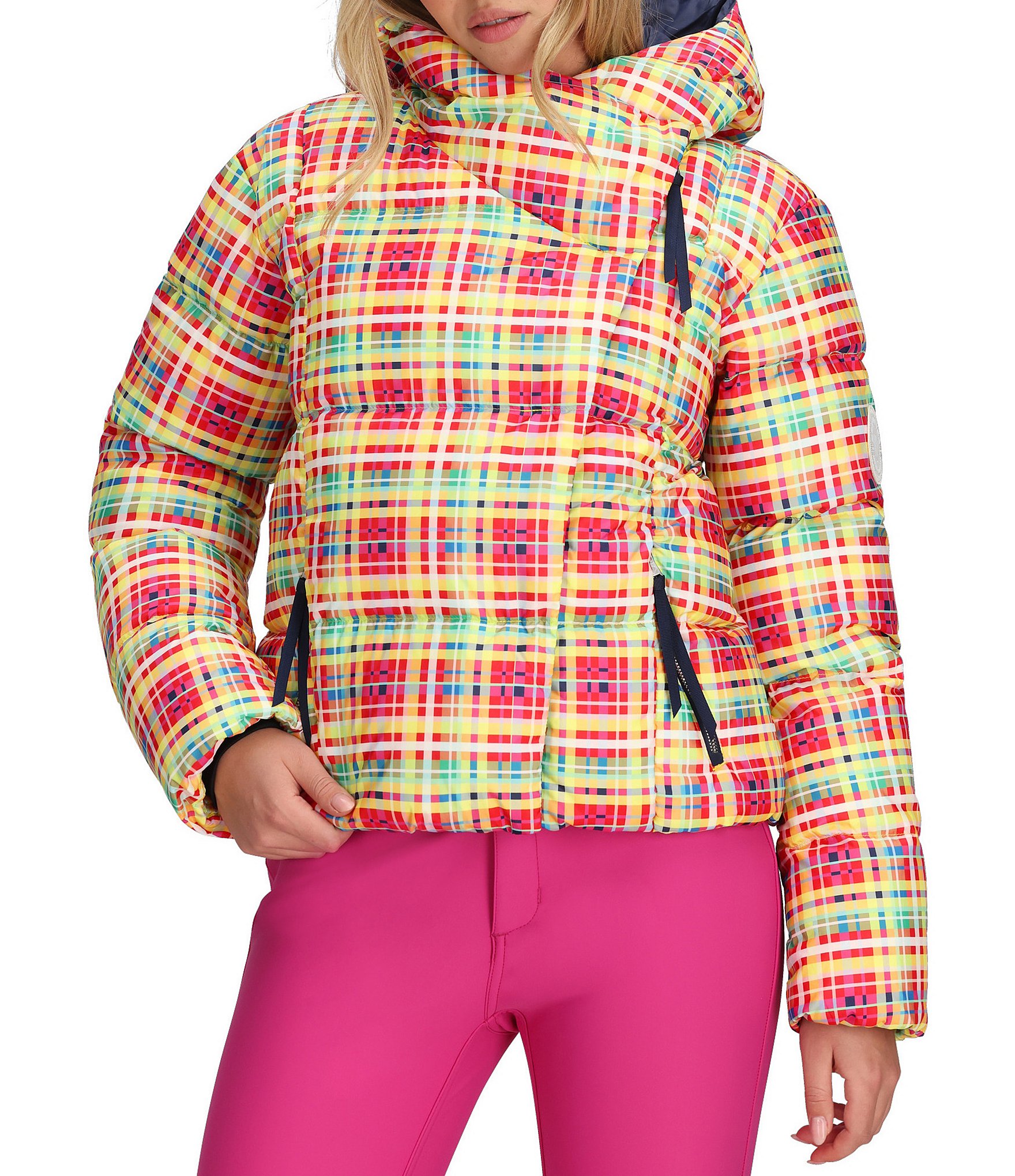 Obermeyer Calypso Down Plaid Print Asymmetrical Zip Puffer Ski Jacket
