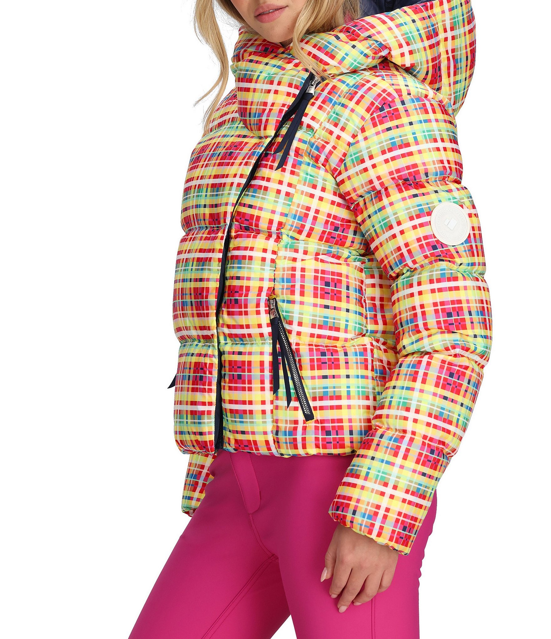 Obermeyer Calypso Down Plaid Print Asymmetrical Zip Puffer Ski Jacket