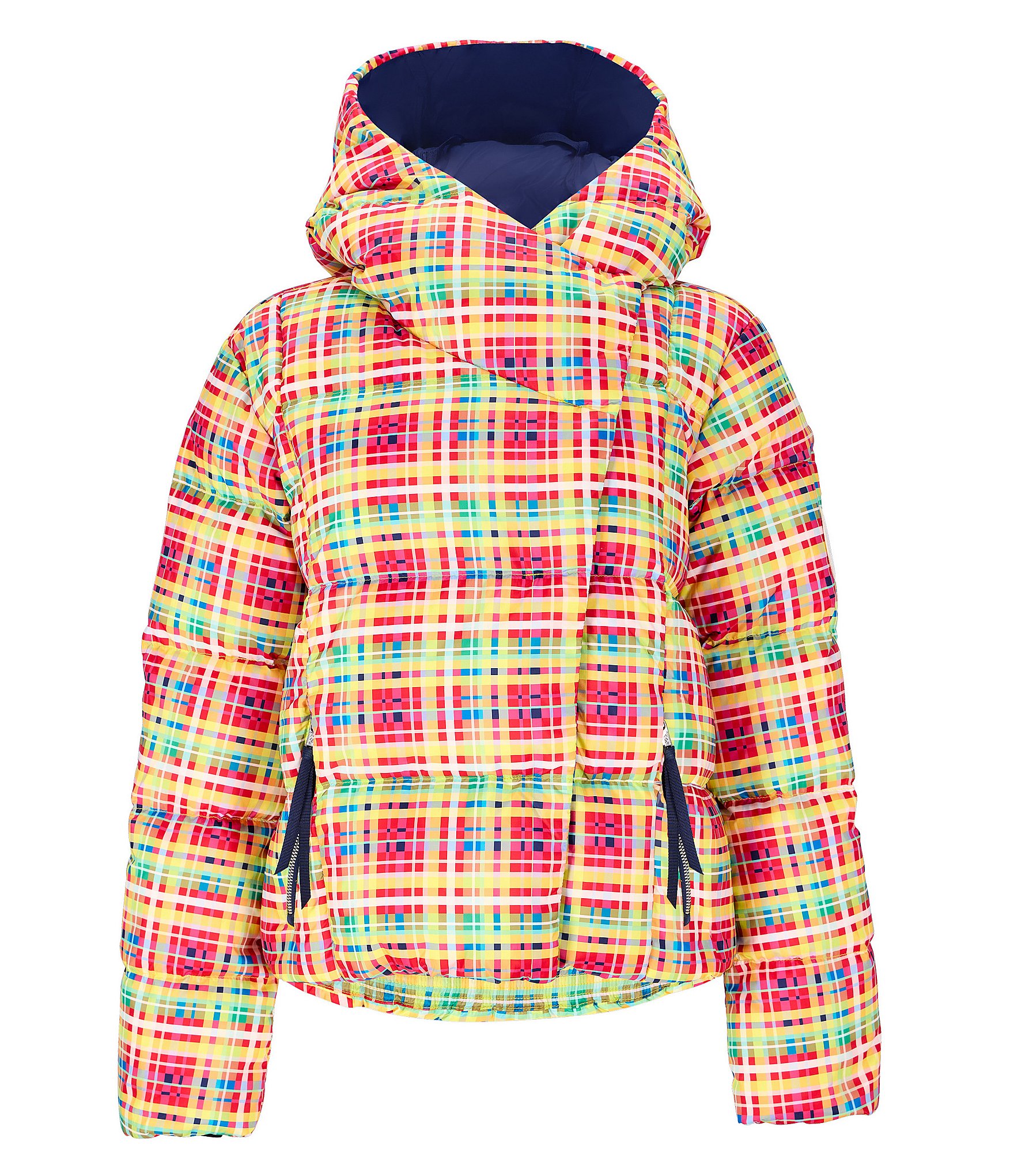 Obermeyer Calypso Down Plaid Print Asymmetrical Zip Puffer Ski Jacket